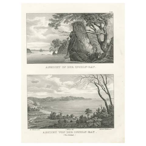Scenic Views of Inseln Bay, New Zealand, from the Astrolabe Voyage, circa 1836
