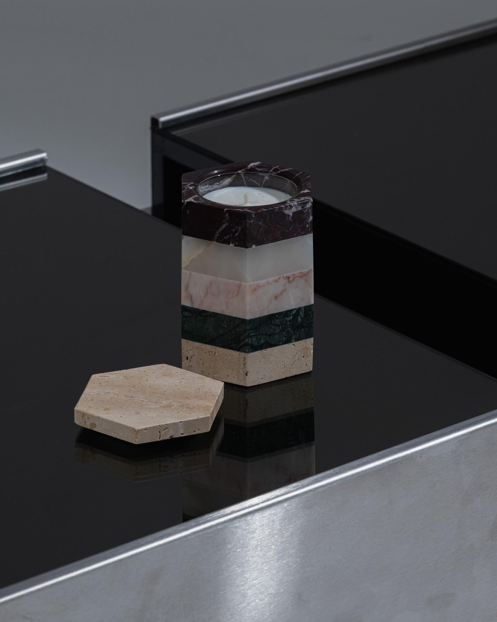 Orange Blossom Scented Candle from Grasse, in Marble, Onyx, and Travertine, by Studio Gaïa.
More than a candle, Romy is both a sculptural object and an olfactory ritual. Its orange blossom fragrance, rooted in the traditions of Grasse, radiates a