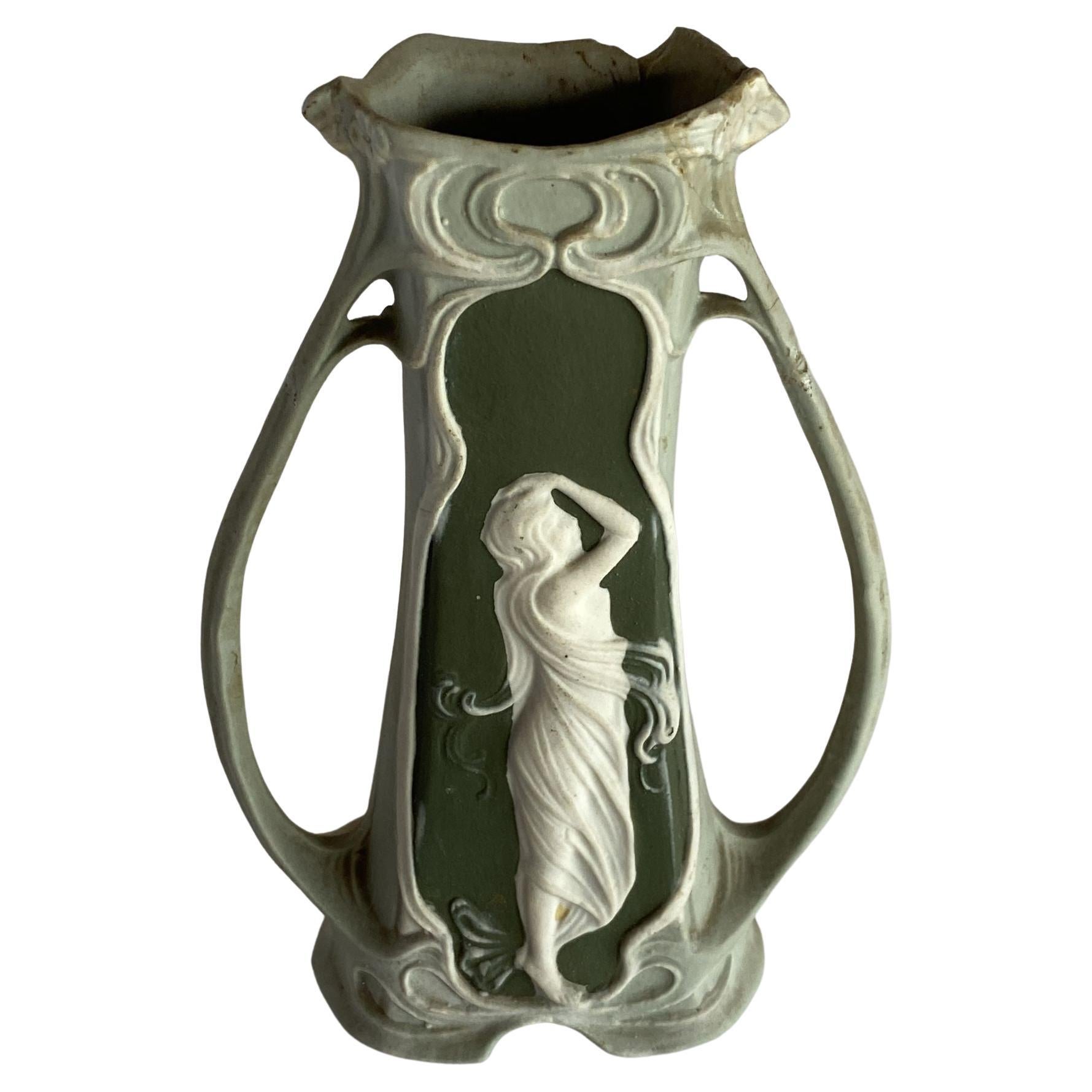 Schafer Vater German Bisque Green Jasperware Art Nouveau Maiden Bud Vase For Sale