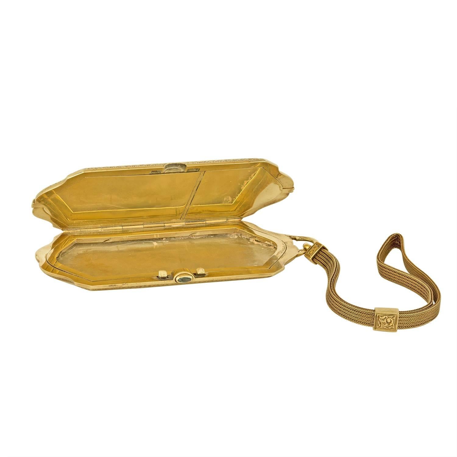 Cabochon Schanfein & Tamis Art Deco Gold Wristlet Compact For Sale