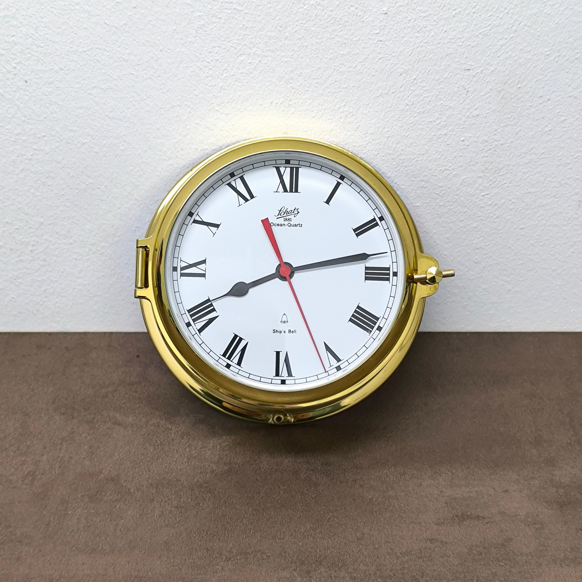 Mid-Century Modern Schatz Ships Bell Quartz Clock in polished Brass For Sale
