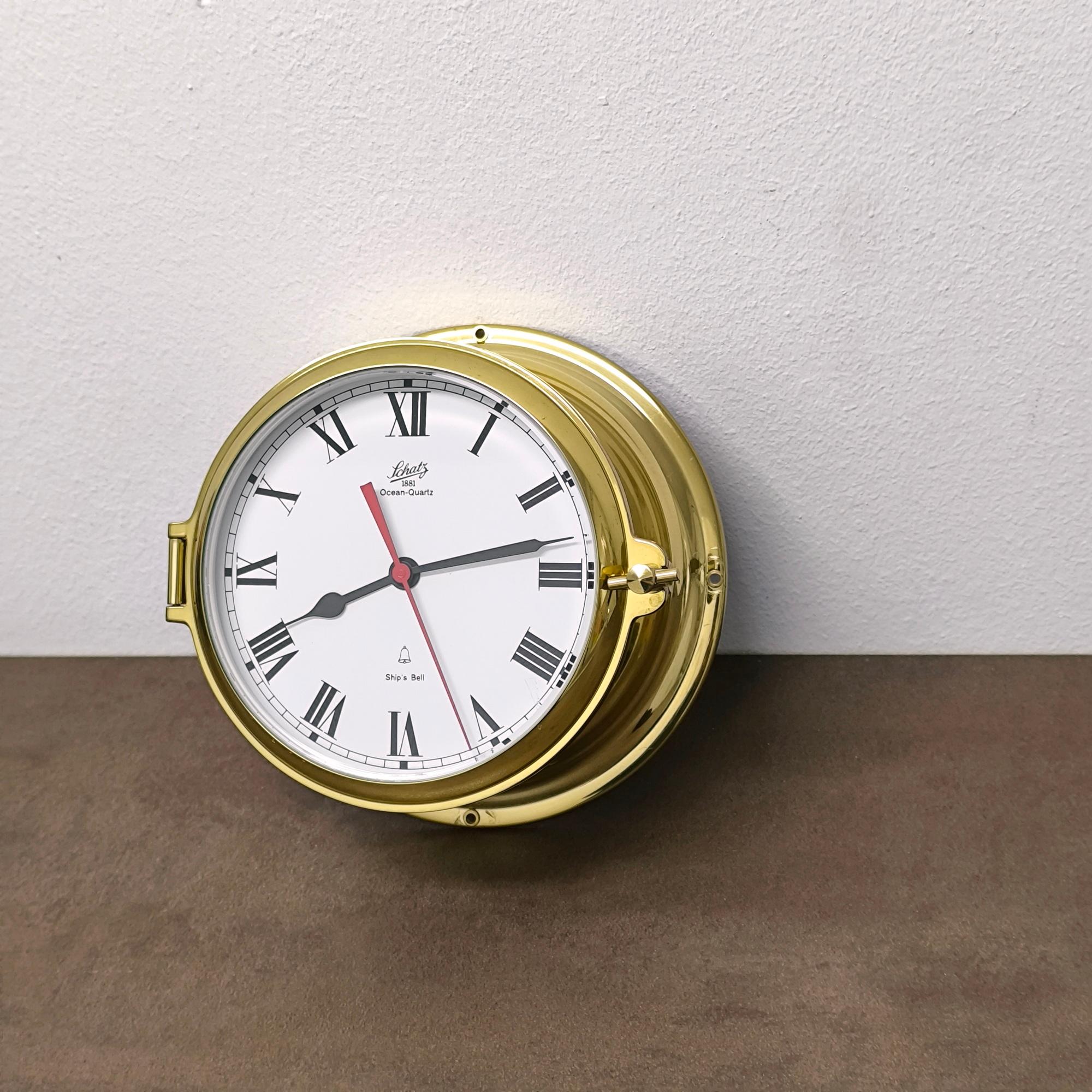 German Schatz Ships Bell Quartz Clock in polished Brass For Sale