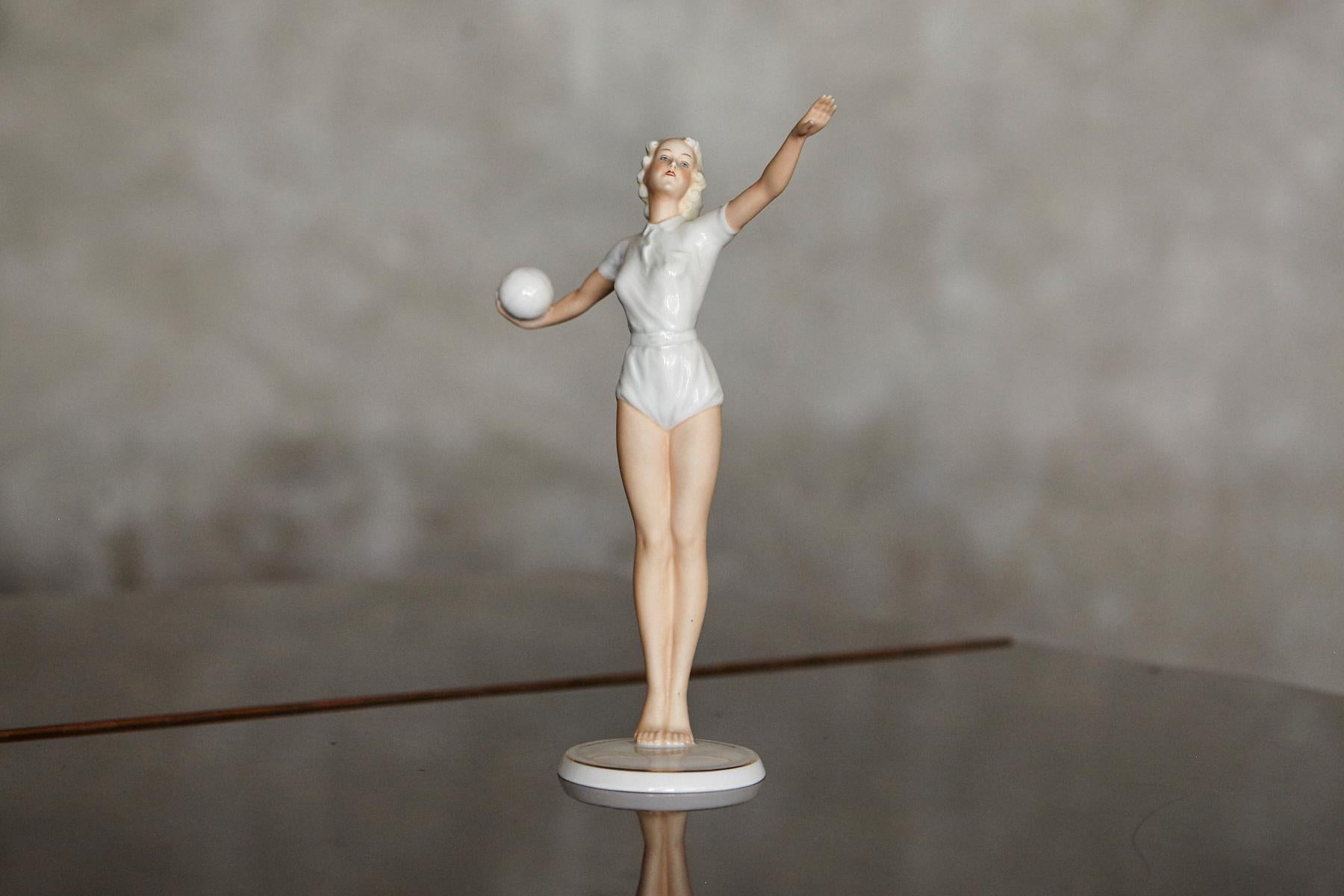 Glazed Schaubach Kunst Porcelain Figurine of a Volleyball Player, 1936 Olympics For Sale