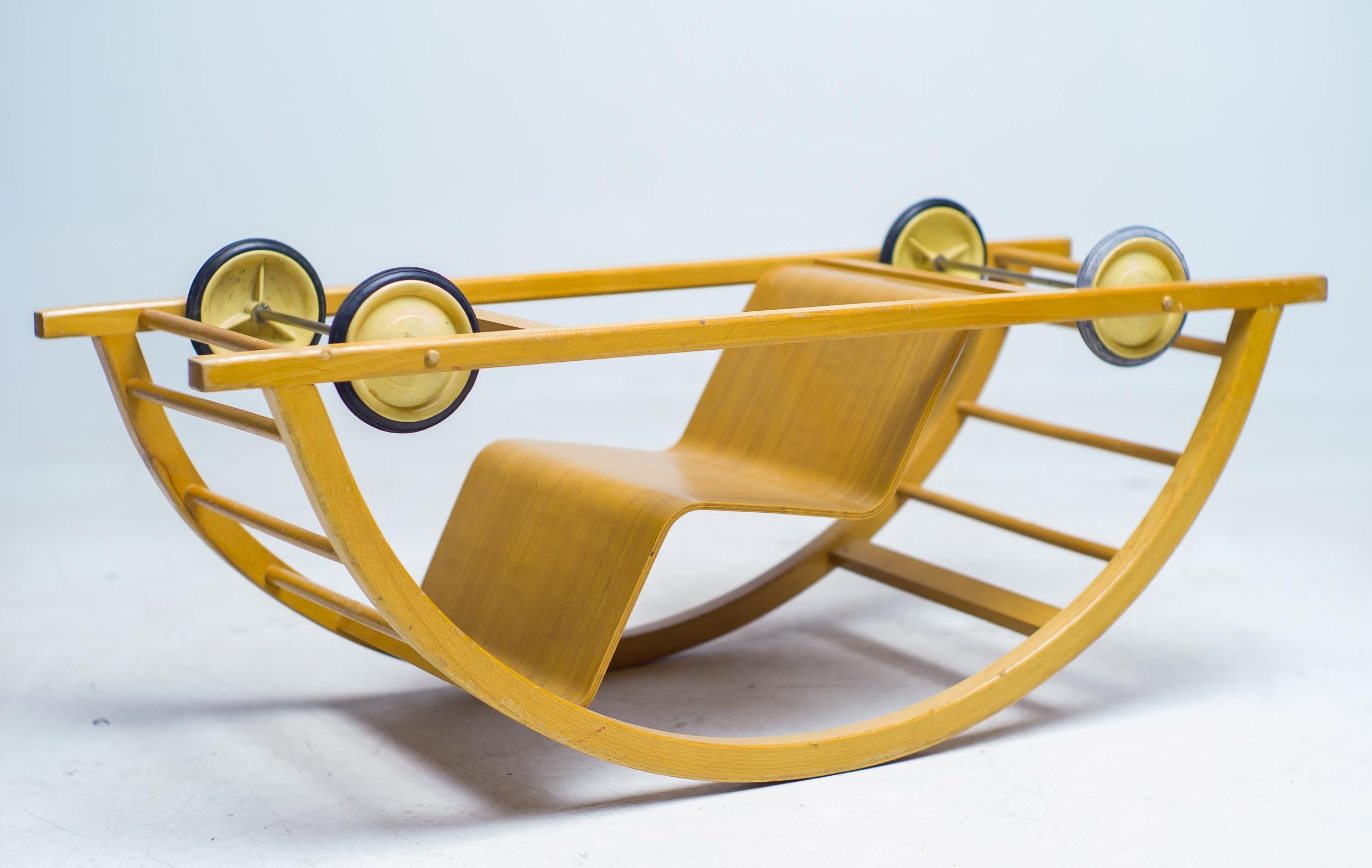 Hans Brockhage & Erwin Andra Rocking Cart, Germany circa 1950. 
Reversible Rocking Cart Push Car for children designed by Hans Brockhage and Erwin Andra under supervision of Mart Stam for the firm Siegfried Lenz Berggieszhübel dating to circa 1950.