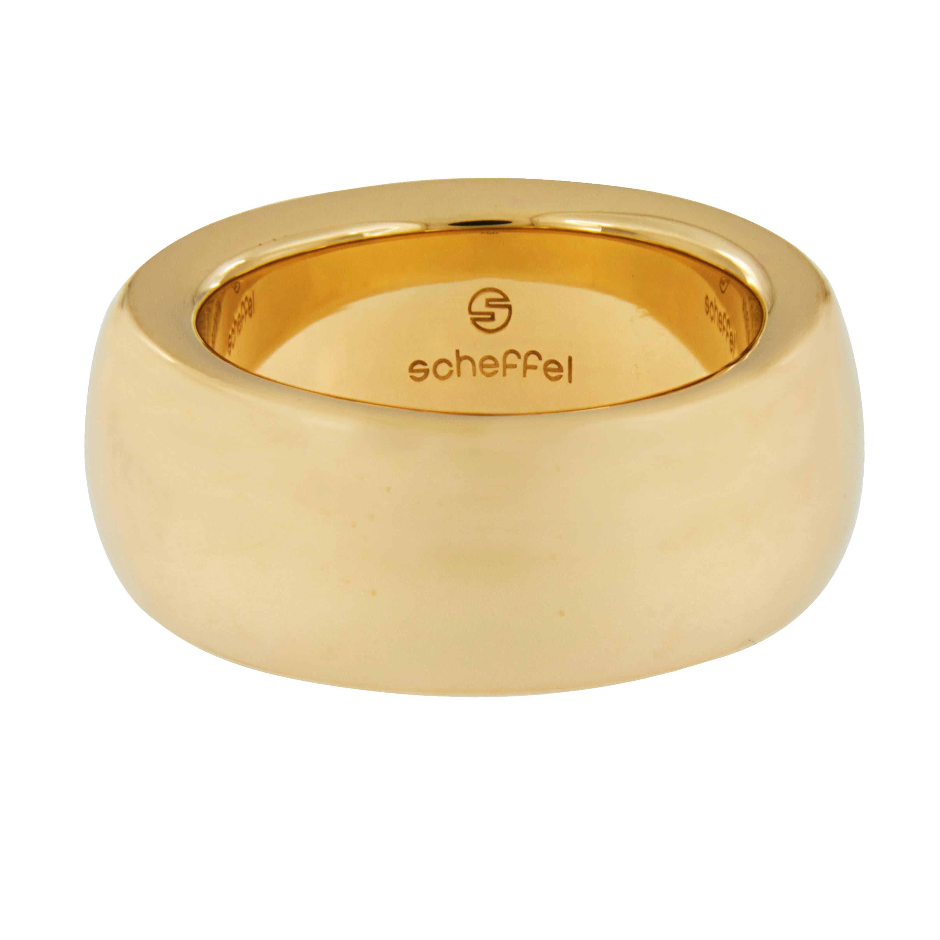 Smooth & sophisticated! Hand made 18 karat yellow gold rounded, band 9.12mm wide made in Germany by Scheffel _ Schmuck in a size 7. Since 1976, optimal quality and up-to-date design have always been the principles behind Scheffel-Schmuck. 


 Size