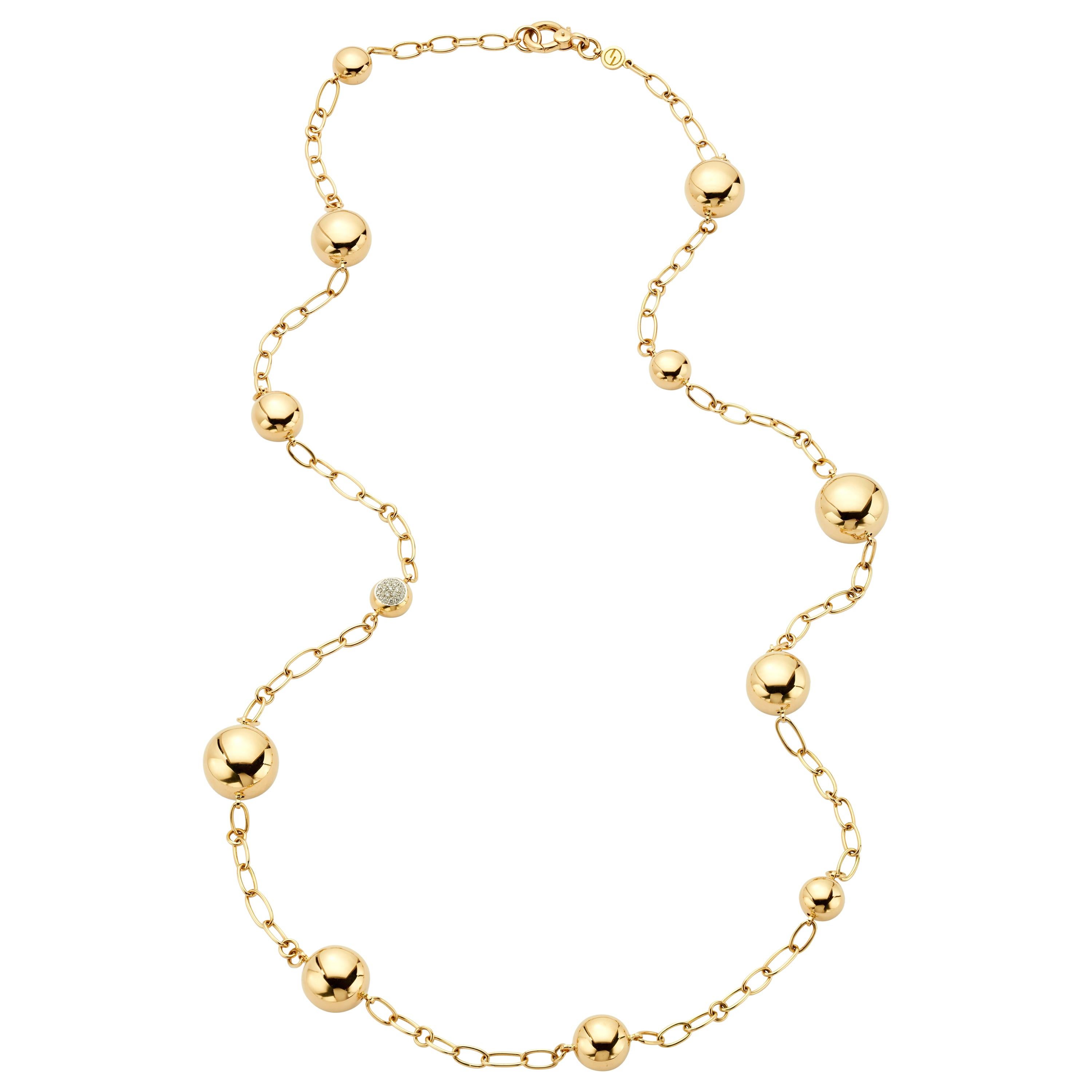 18 Karat Yellow Gold Long Chain with Ball Stations For Sale