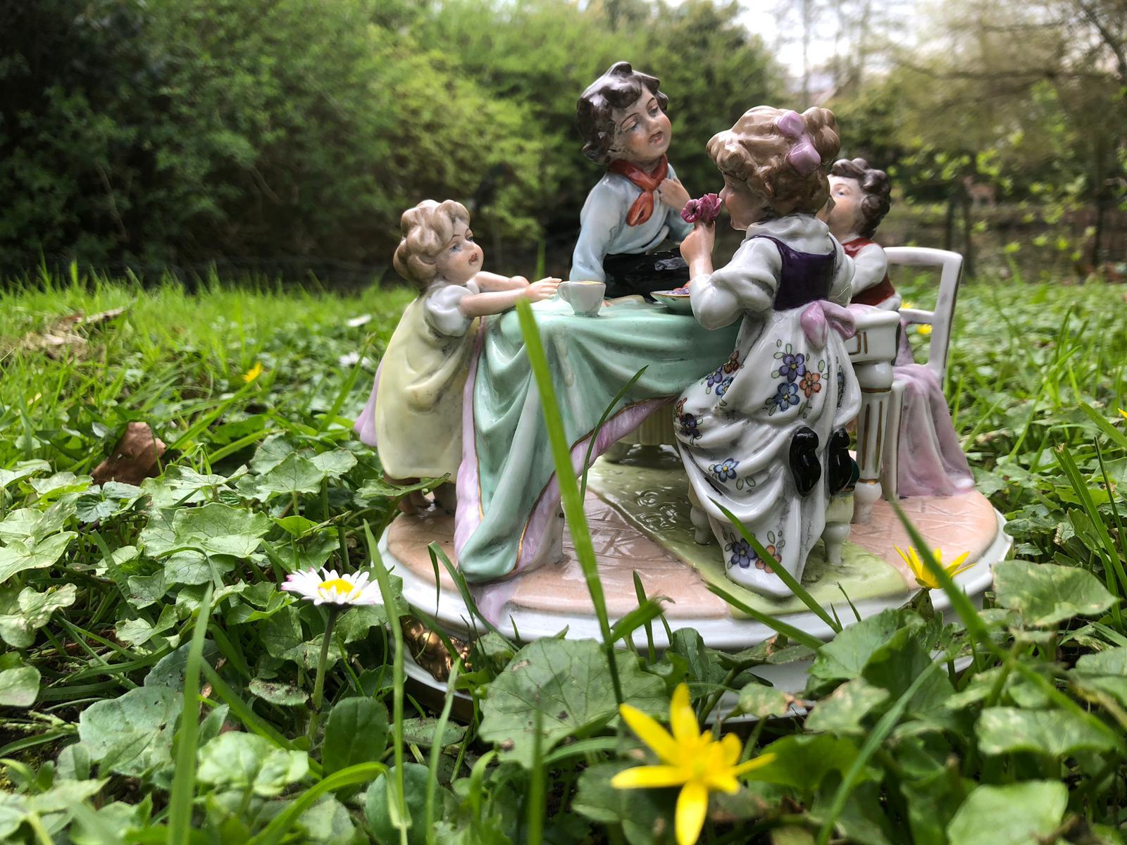 Hand-Painted Scheibe Alsbach Porcelain Figures 'Children eating porridge', before 1989 For Sale