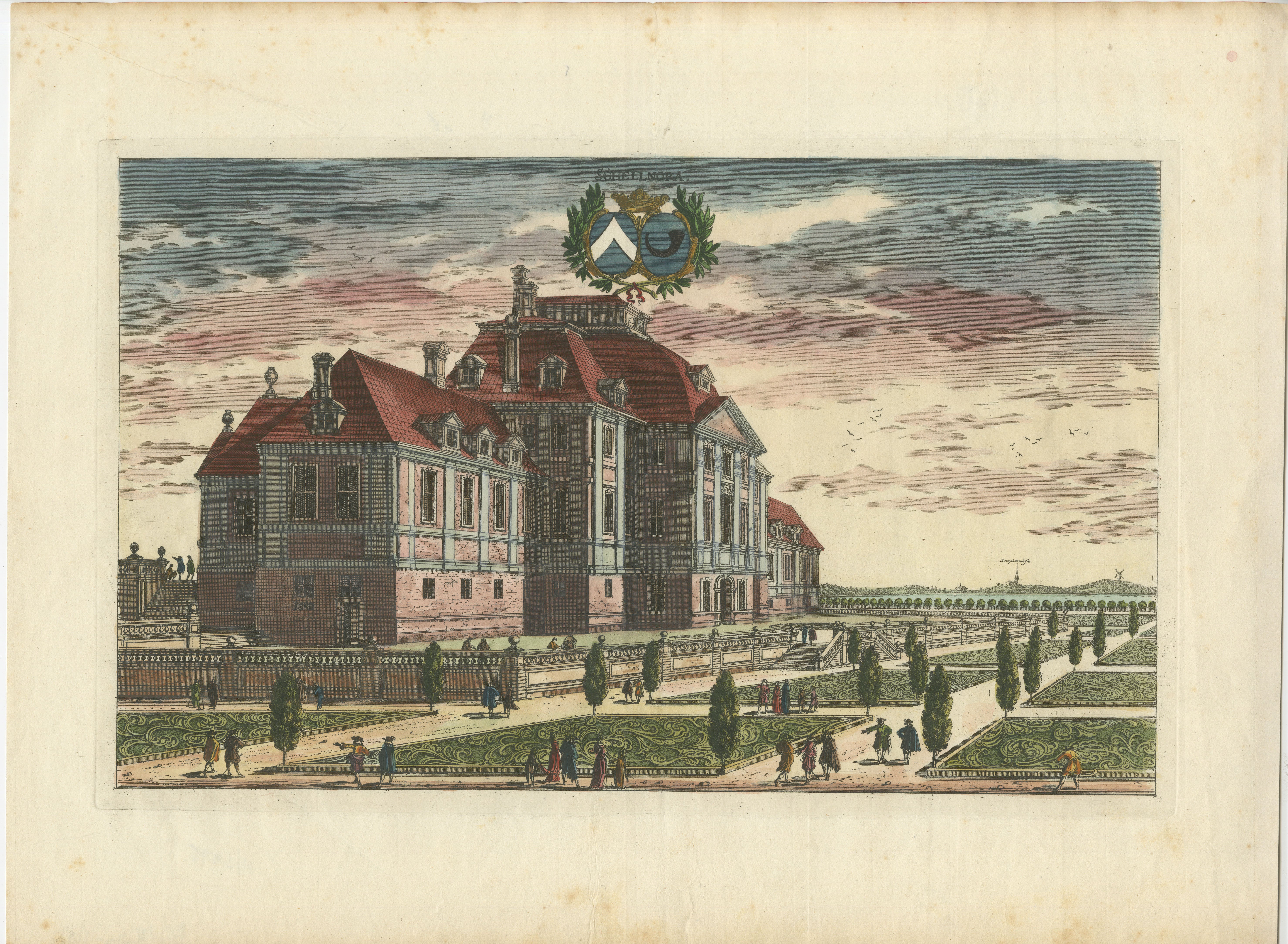 This is an antique hand-colored print depicting the manor known as Schelenora, showing the building's facade and garden. The engraving is part of the collection 