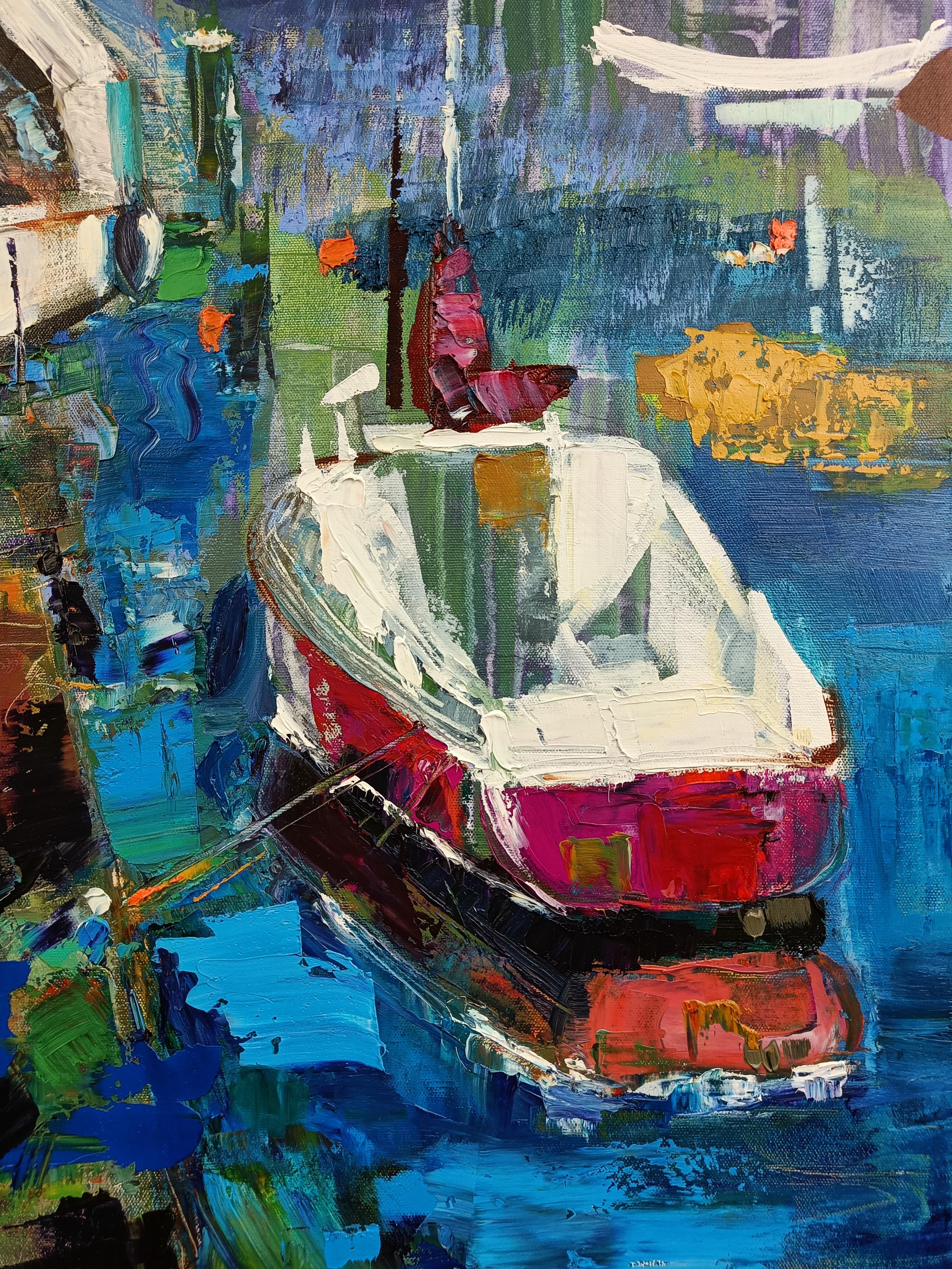 Al molo, impressionismo astratto, barche, lago - Painting di Scherer Jana