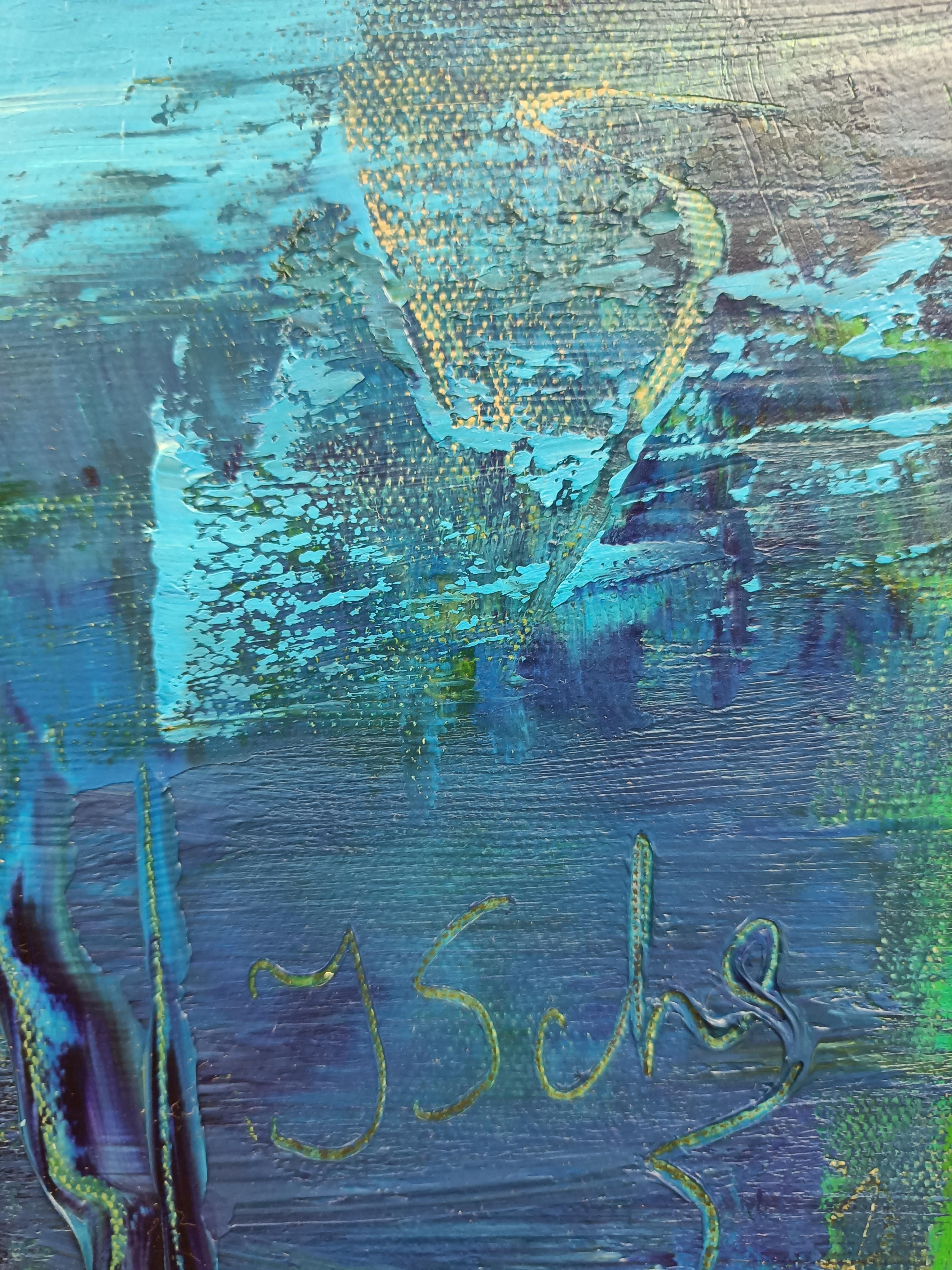 Al molo, impressionismo astratto, barche, lago - Painting Impressionismo astratto di Scherer Jana