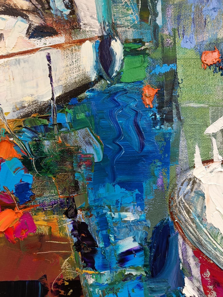 Scherer Jana - At the jetty, abstract impressionism, boats, lake For Sale  at 1stDibs, image size:768x1024