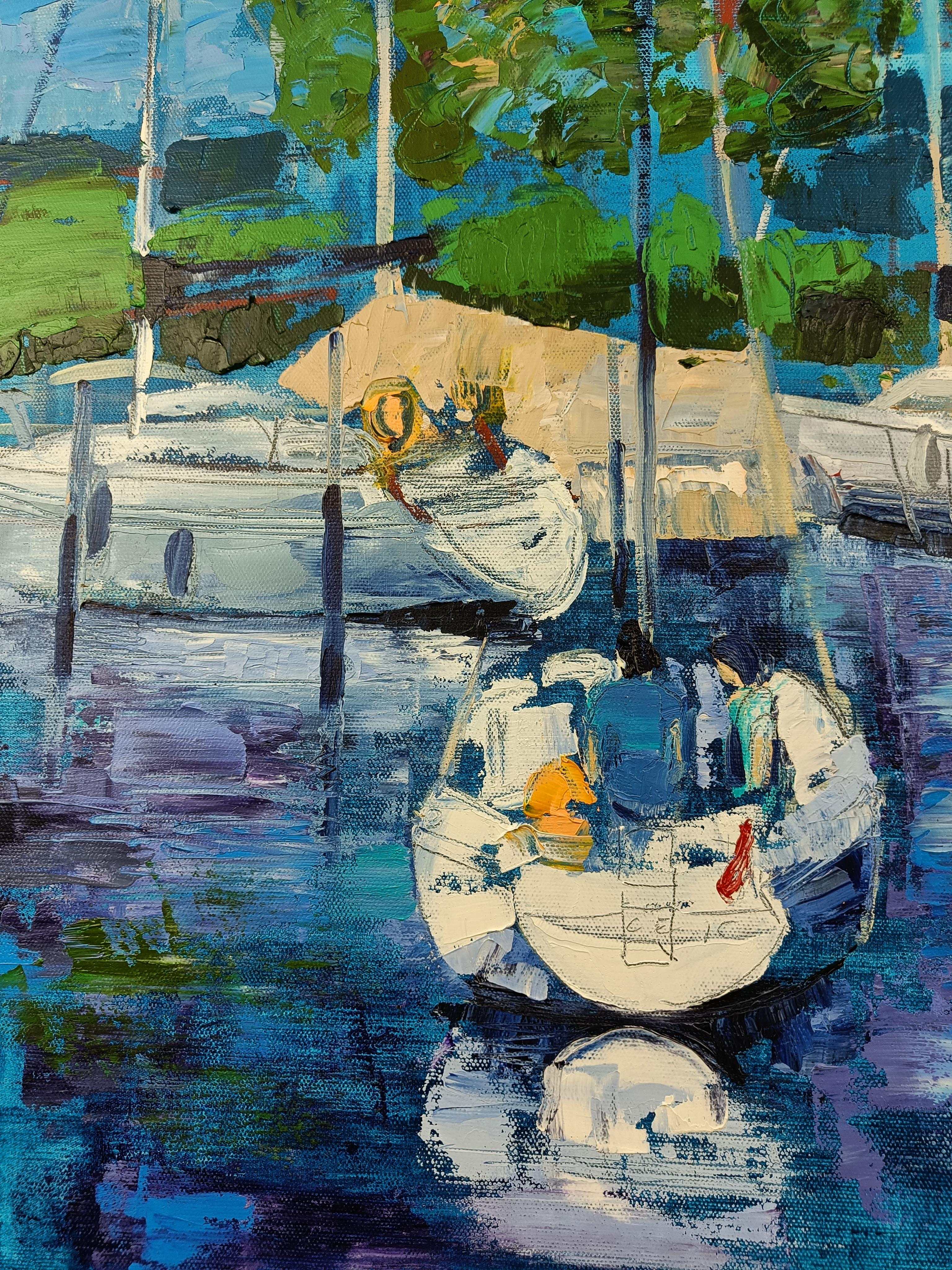 Club velico di Bregenz, verticale, impressionismo, barche, blu, lago - Painting di Scherer Jana