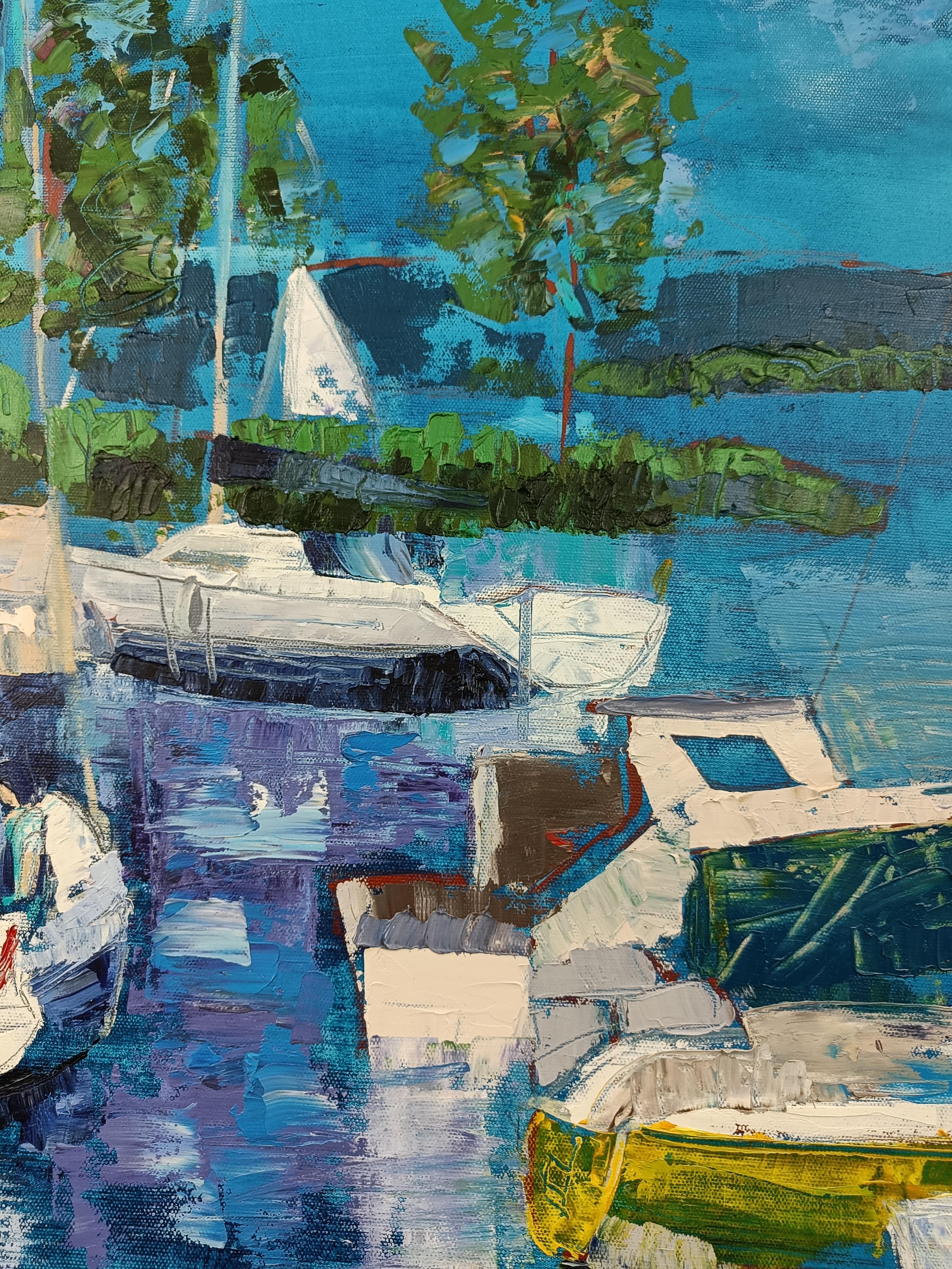 Club velico di Bregenz, verticale, impressionismo, barche, blu, lago - Painting Impressionismo astratto di Scherer Jana