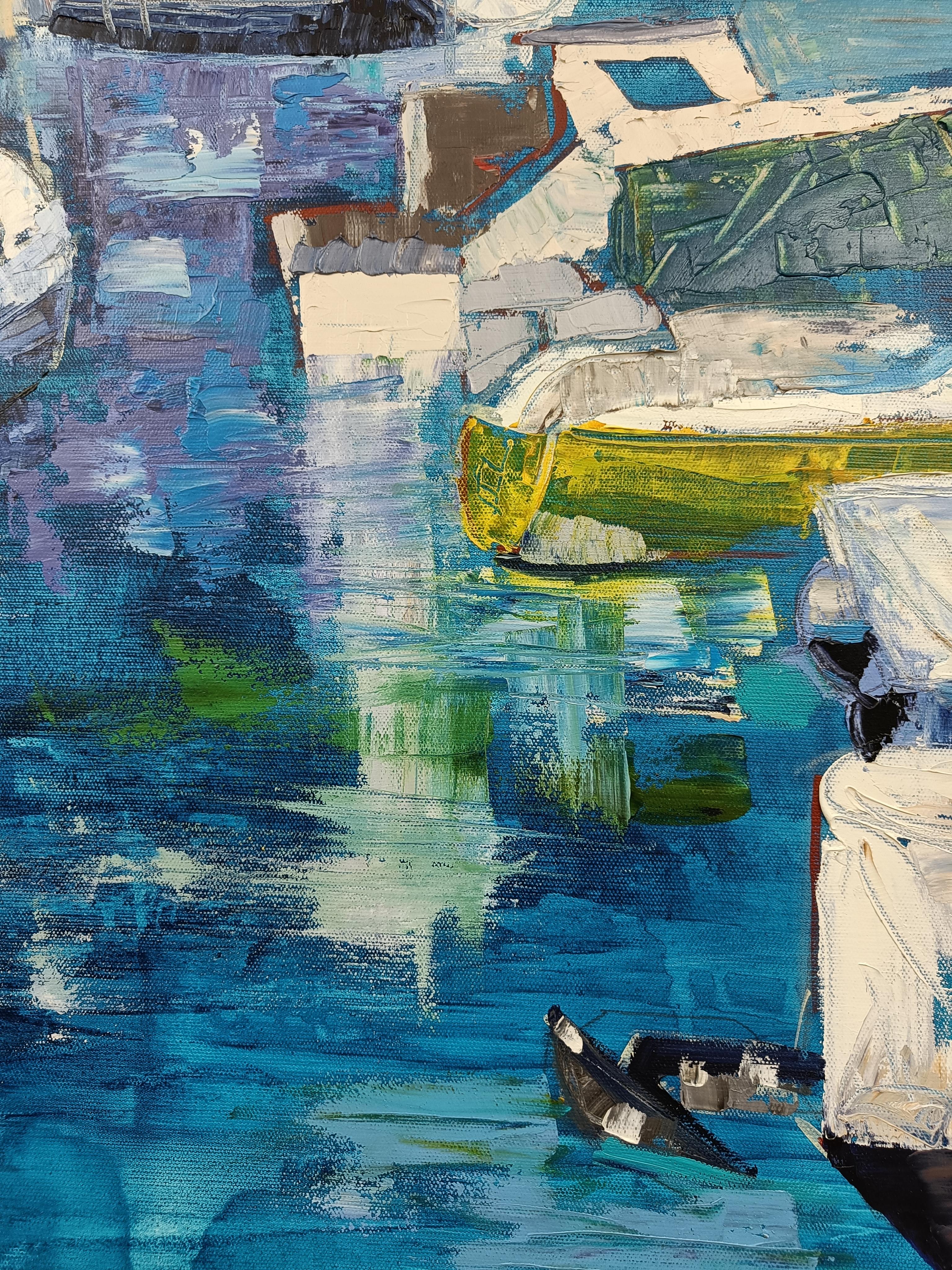 Club velico di Bregenz, verticale, impressionismo, barche, blu, lago - Landscape Painting Blu di Scherer Jana