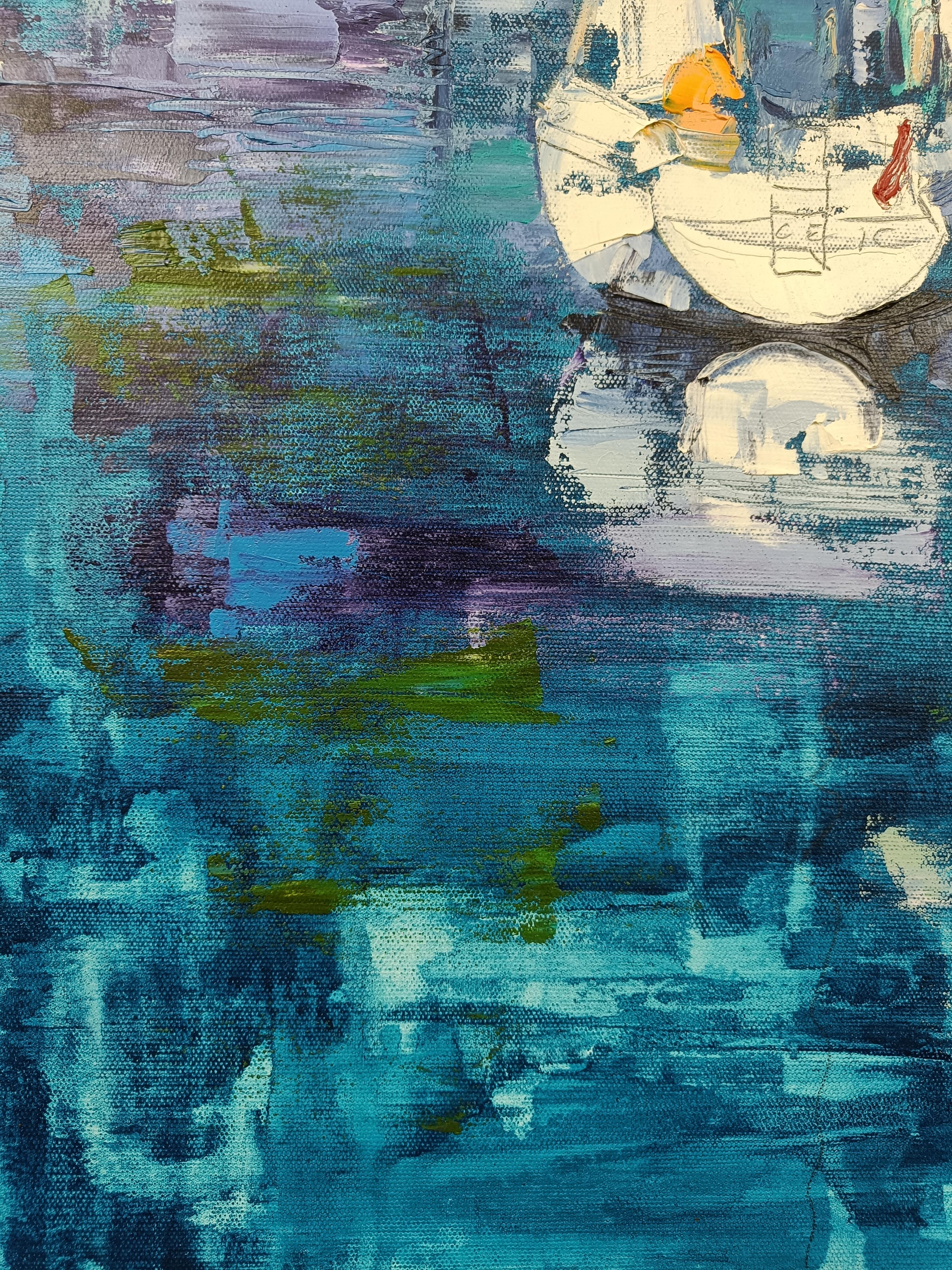 Luci e ombre. Il lago di Costanza e il calore. Solo le barche a vela hanno il loro ritmo: armonia e indipendenza. 

L'immagine mostra una rappresentazione impressionistica di un porto calmo con diverse barche a vela adagiate nell'acqua. La tavolozza