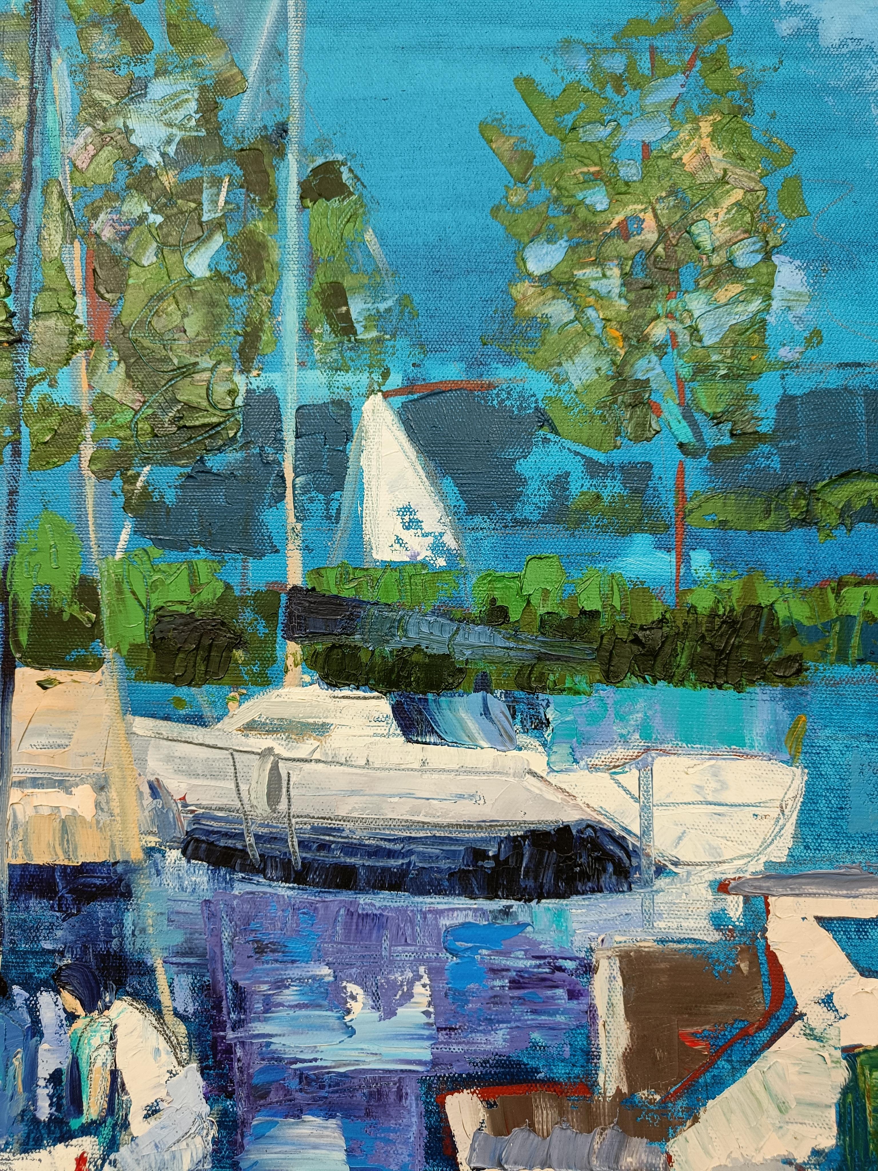 Club velico di Bregenz, verticale, impressionismo, barche, blu, lago in vendita 4