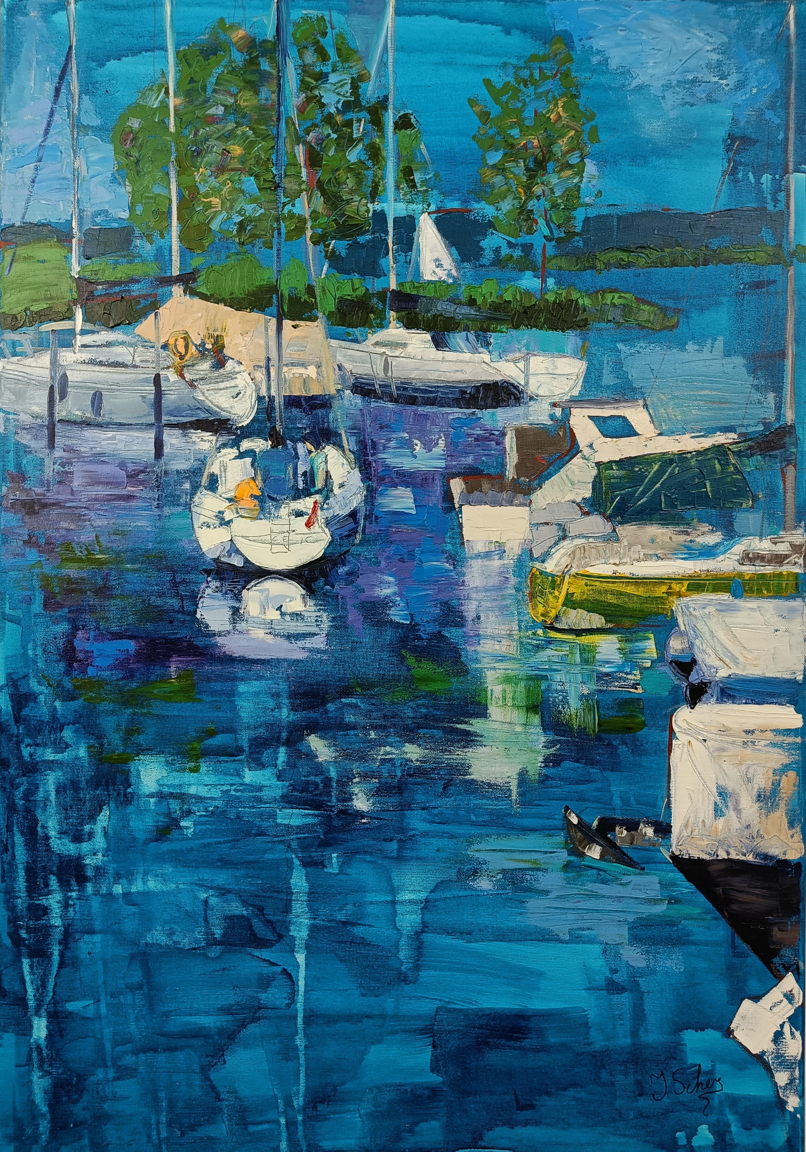 Landscape Painting di Scherer Jana - Club velico di Bregenz, verticale, impressionismo, barche, blu, lago