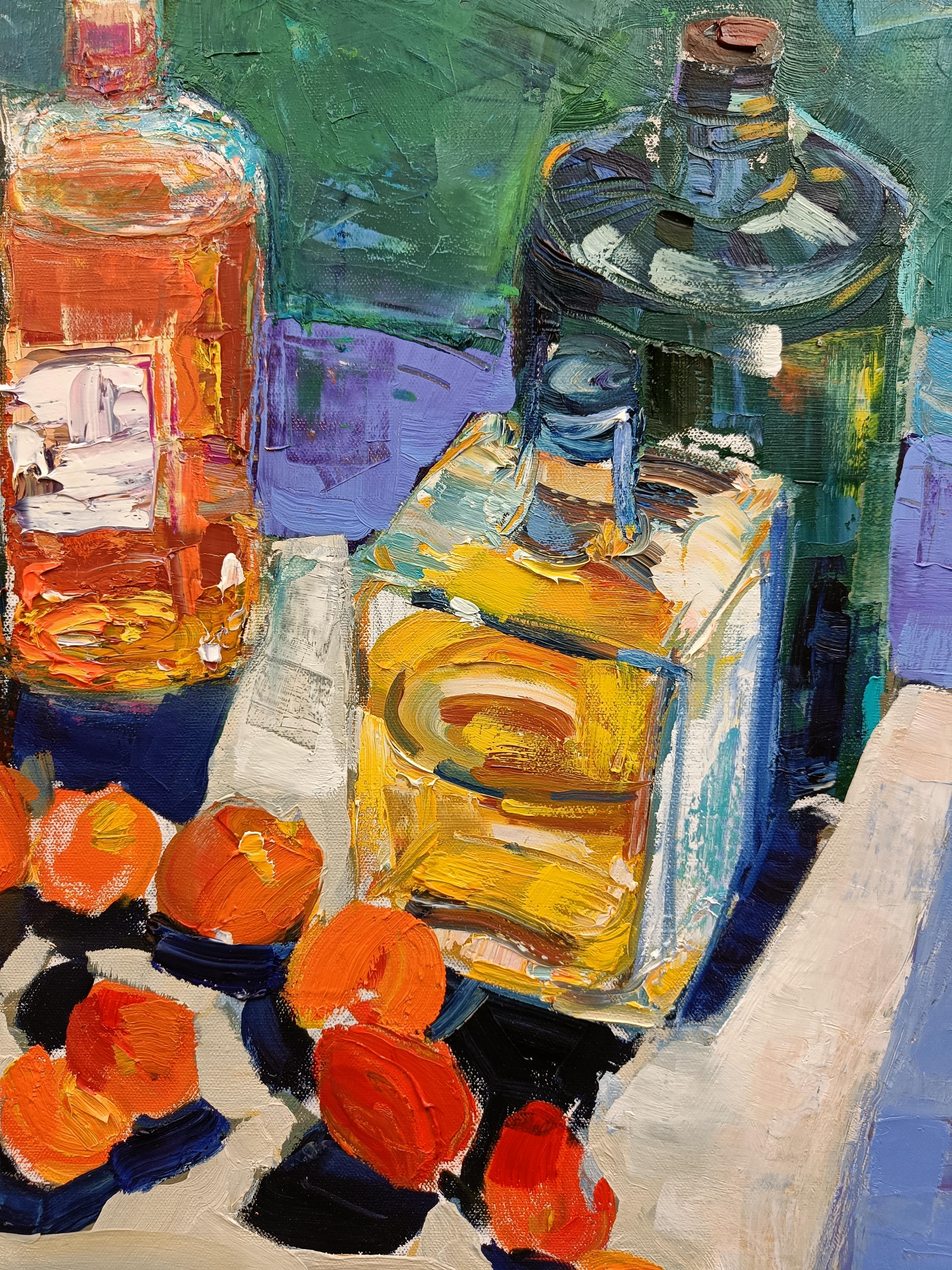 In garden. Impressionism, fruits, still-life, vertical, blue - Painting by Scherer Jana