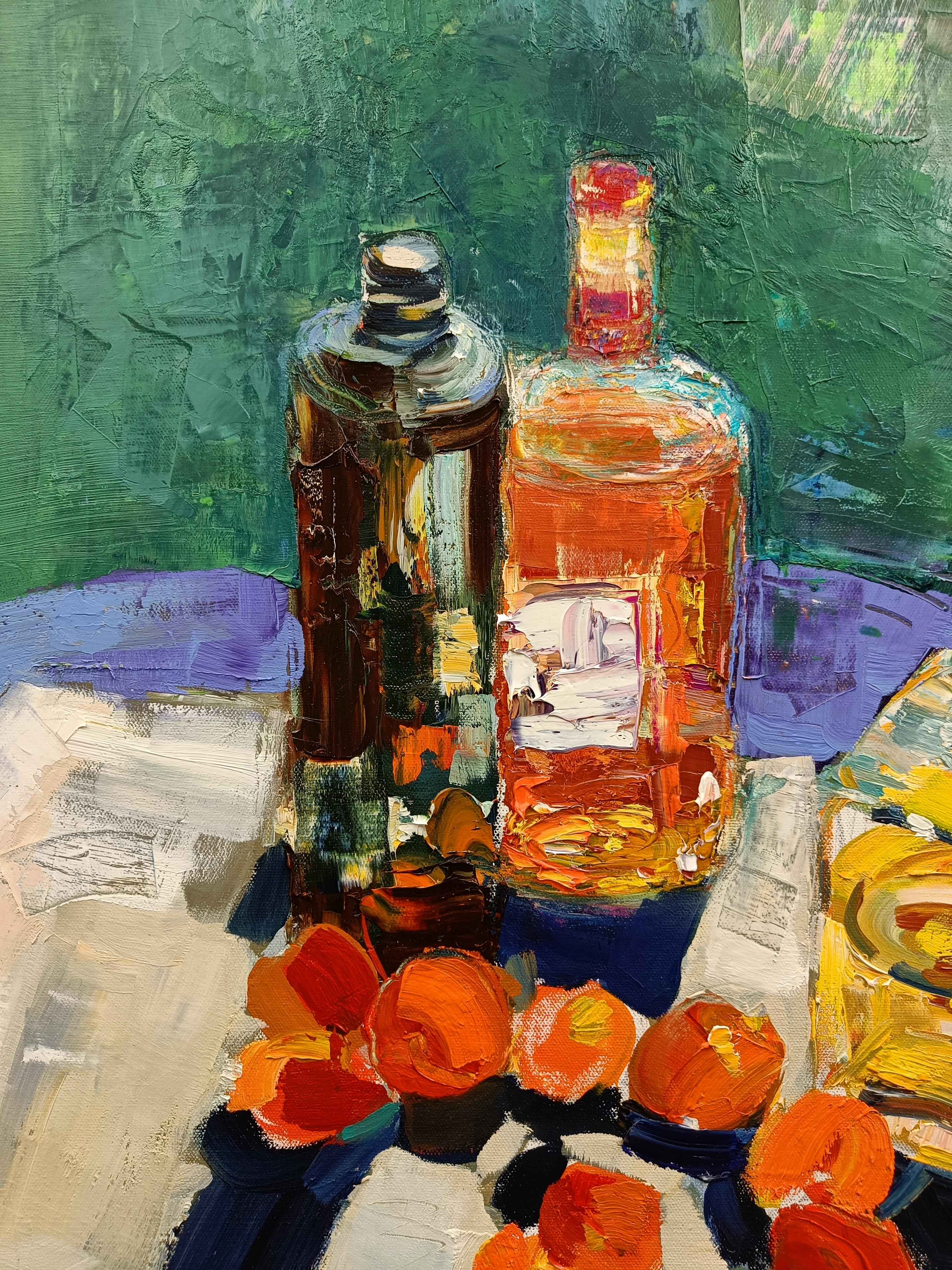 In garden. Impressionism, fruits, still-life, vertical, blue - Impressionist Painting by Scherer Jana