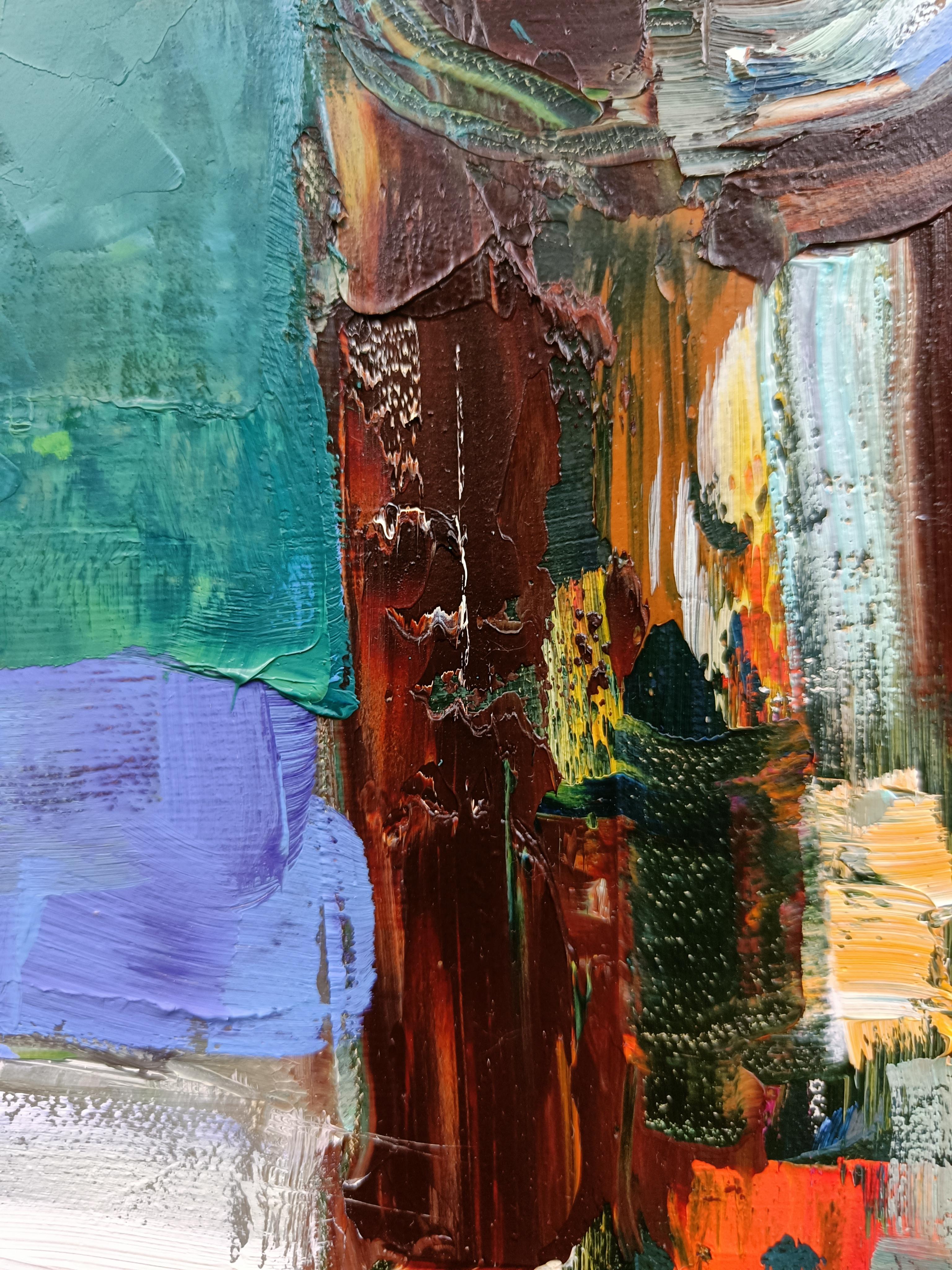 In garden. Impressionism, fruits, still-life, vertical, blue - Gray Still-Life Painting by Scherer Jana