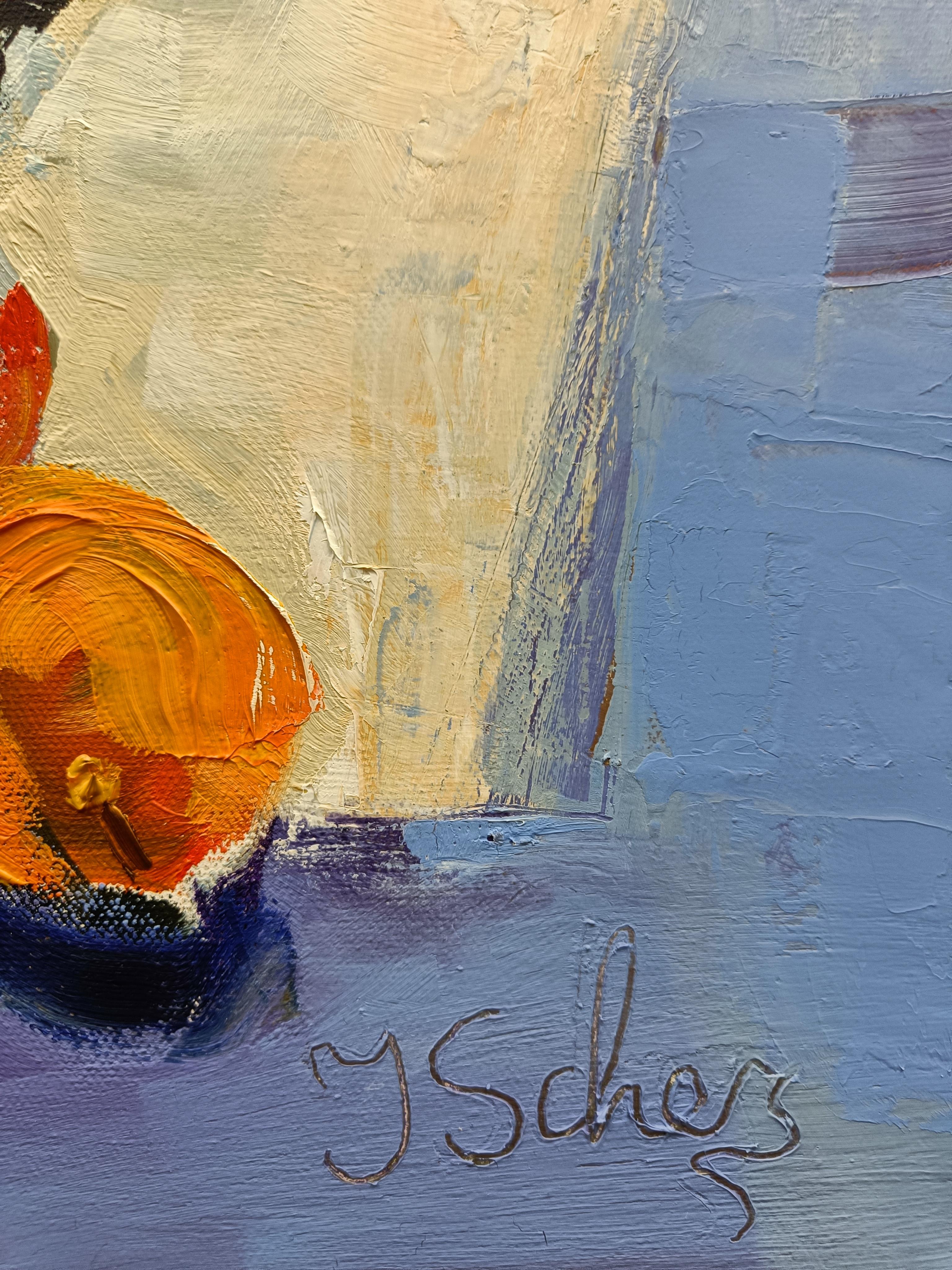 In garden. Impressionism, fruits, still-life, vertical, blue For Sale 1