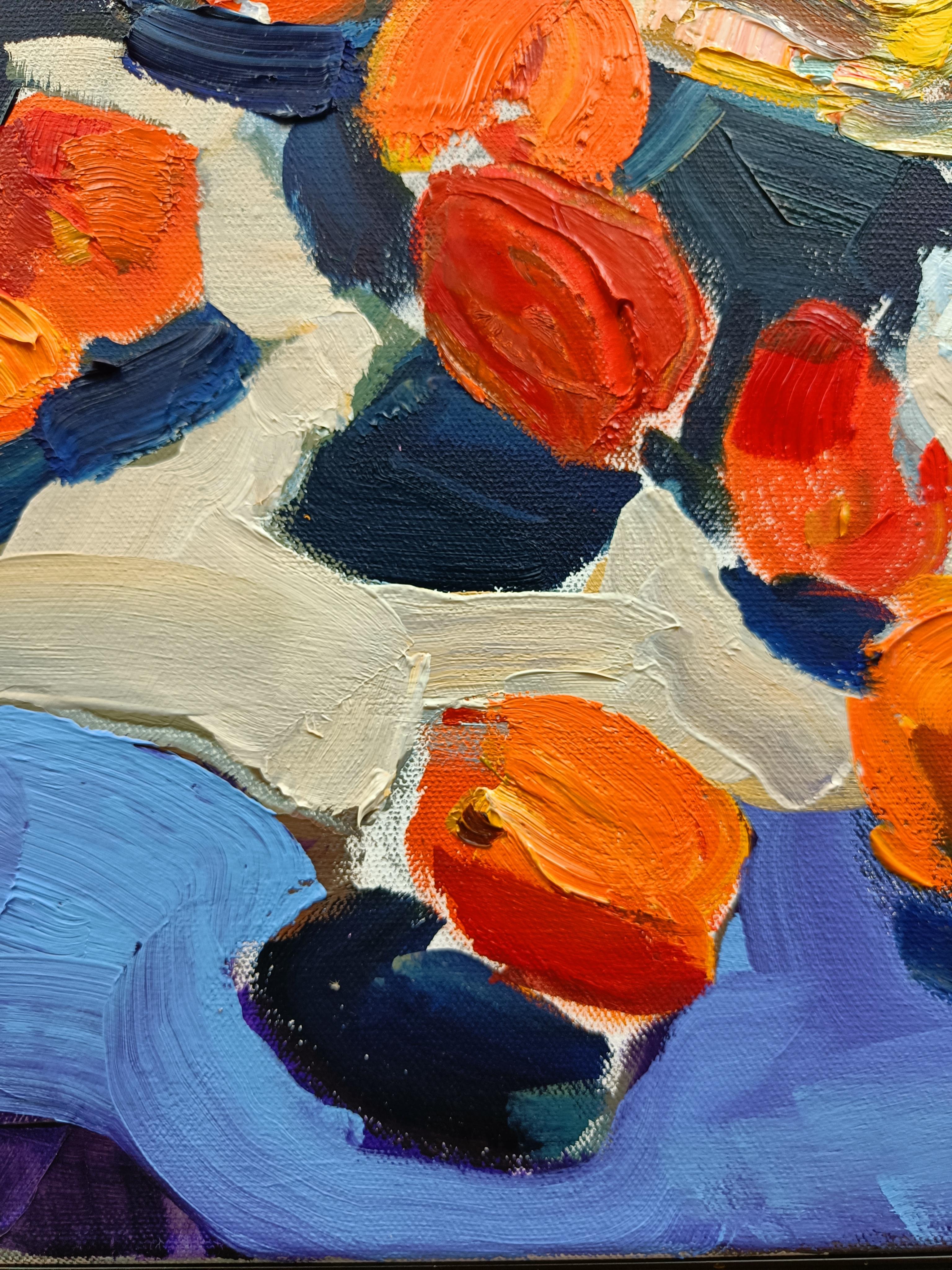 In garden. Impressionism, fruits, still-life, vertical, blue For Sale 3