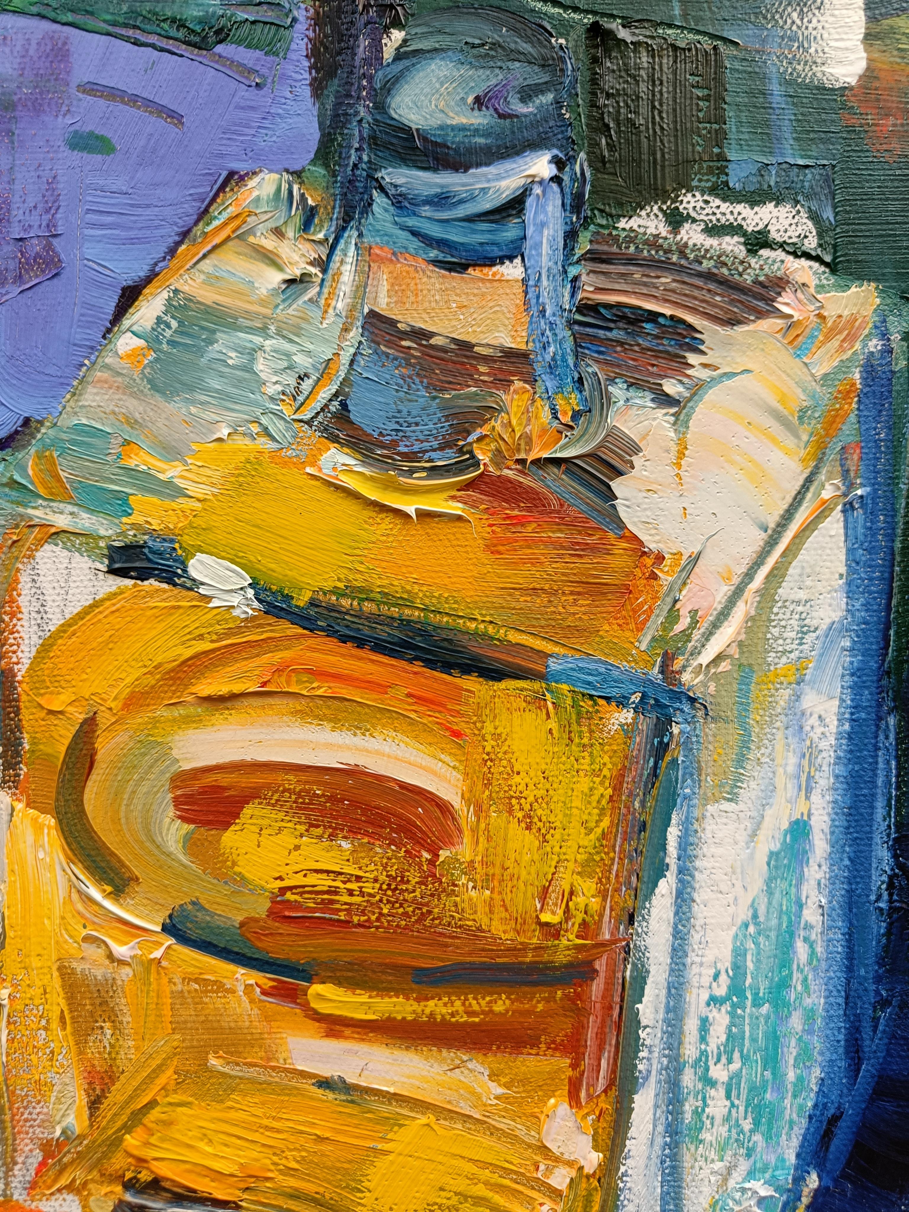In garden. Impressionism, fruits, still-life, vertical, blue For Sale 4