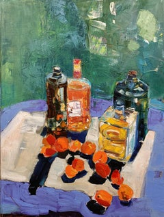 In garden. Impressionism, fruits, still-life, vertical, blue