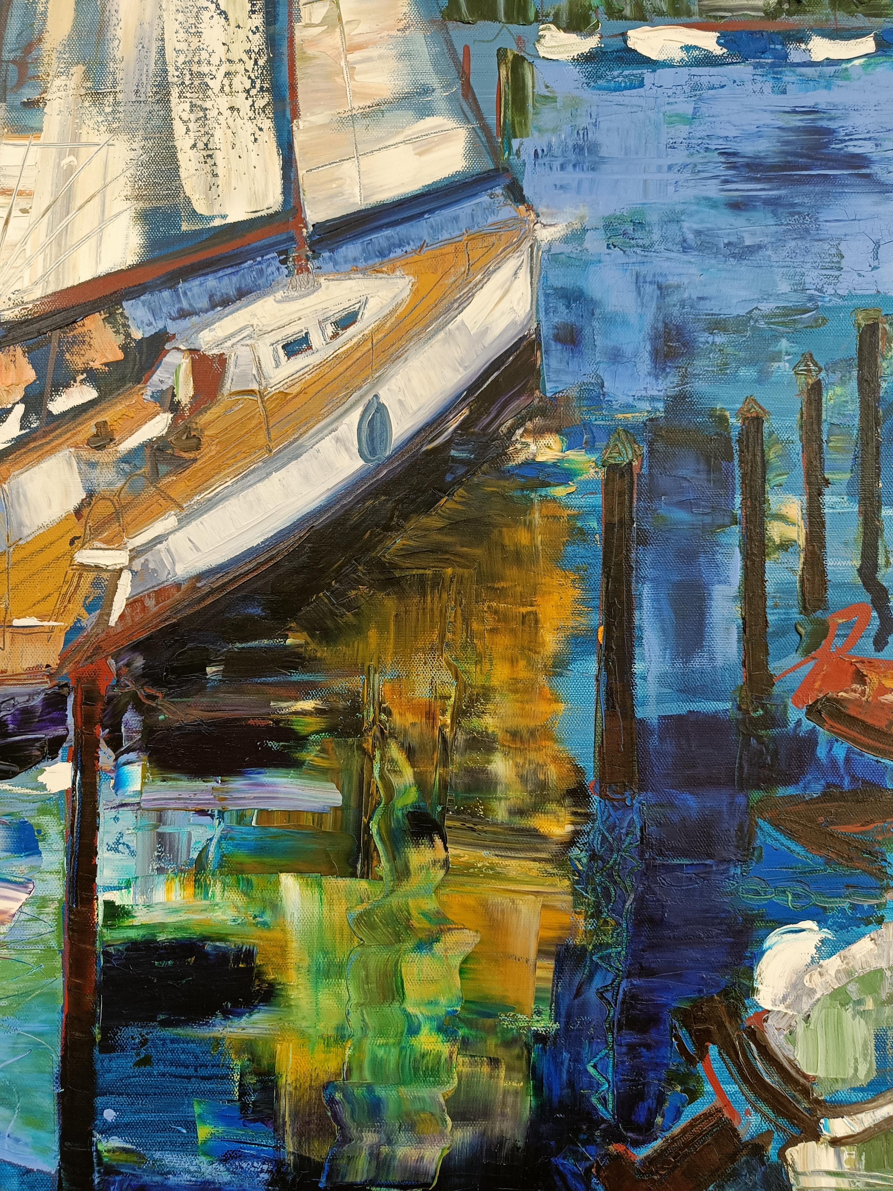 Yachtclub Bregenz 1. Pittura a olio, orizzontale, yacht, acqua, lago, riposo - Painting di Scherer Jana