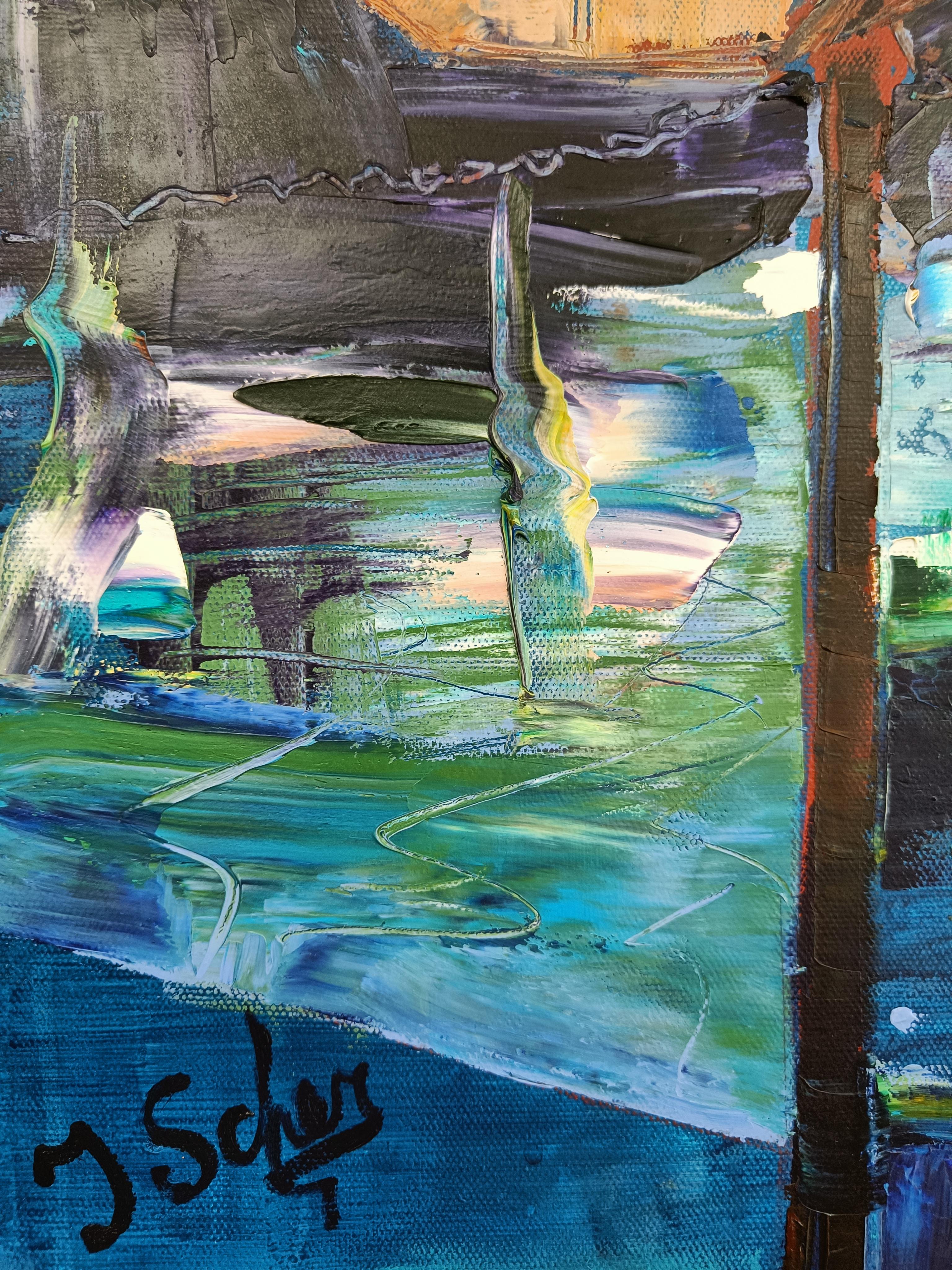Yachtclub Bregenz 1. Pittura a olio, orizzontale, yacht, acqua, lago, riposo - Landscape Painting Grigio di Scherer Jana