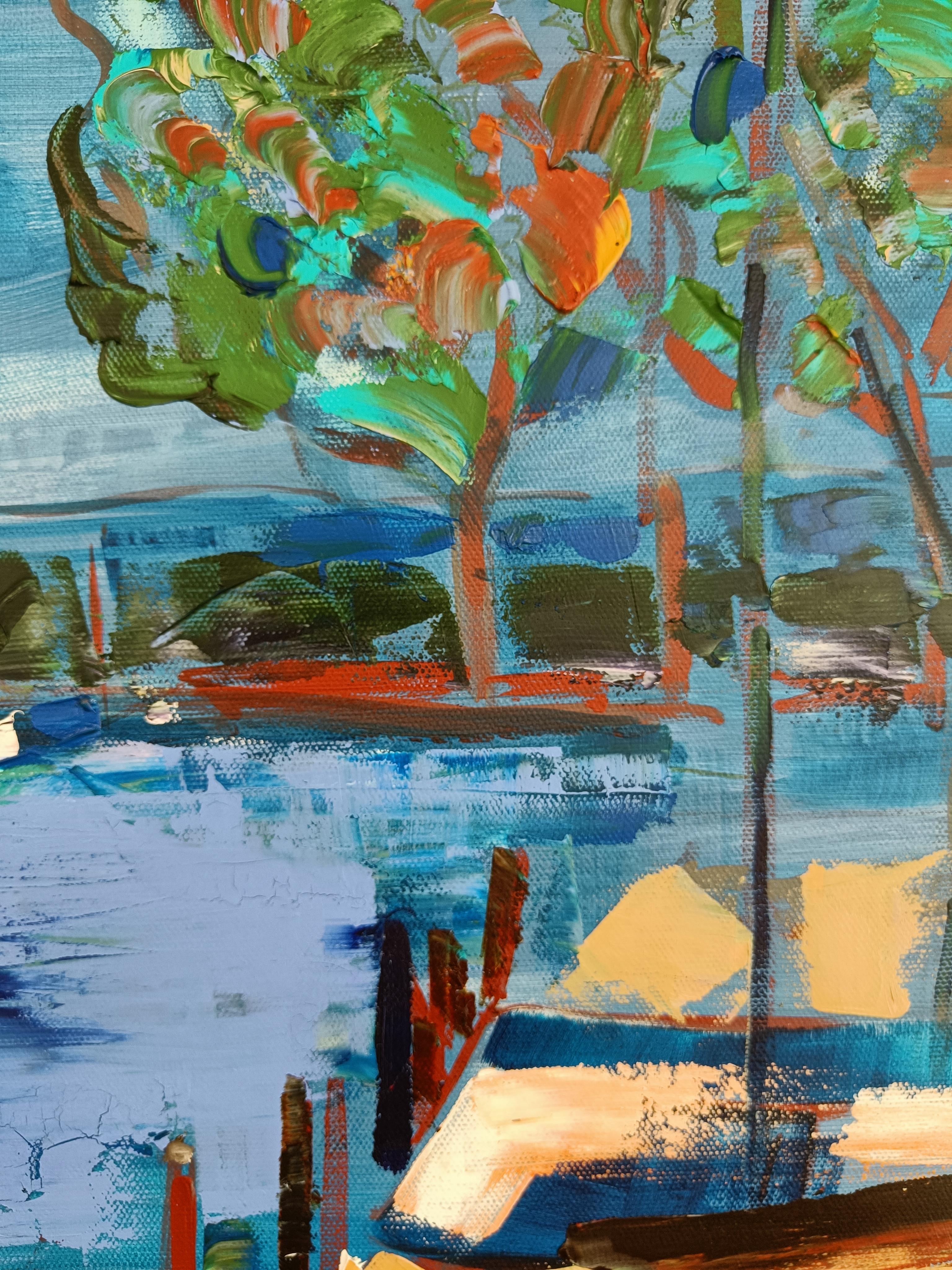 Yachtclub Bregenz 1. Pittura a olio, orizzontale, yacht, acqua, lago, riposo in vendita 1