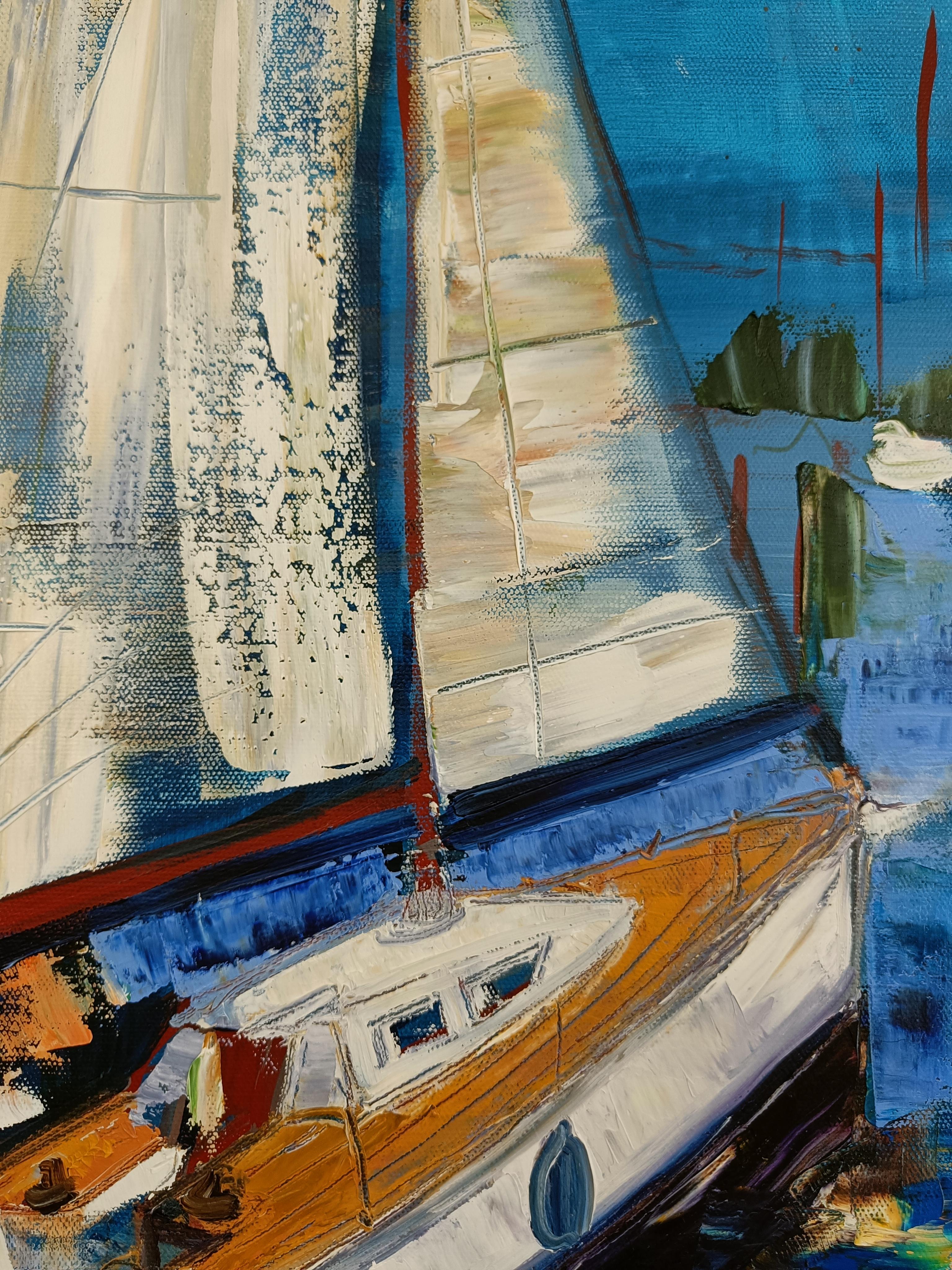 Yachtclub Bregenz 1. Pittura a olio, orizzontale, yacht, acqua, lago, riposo in vendita 3