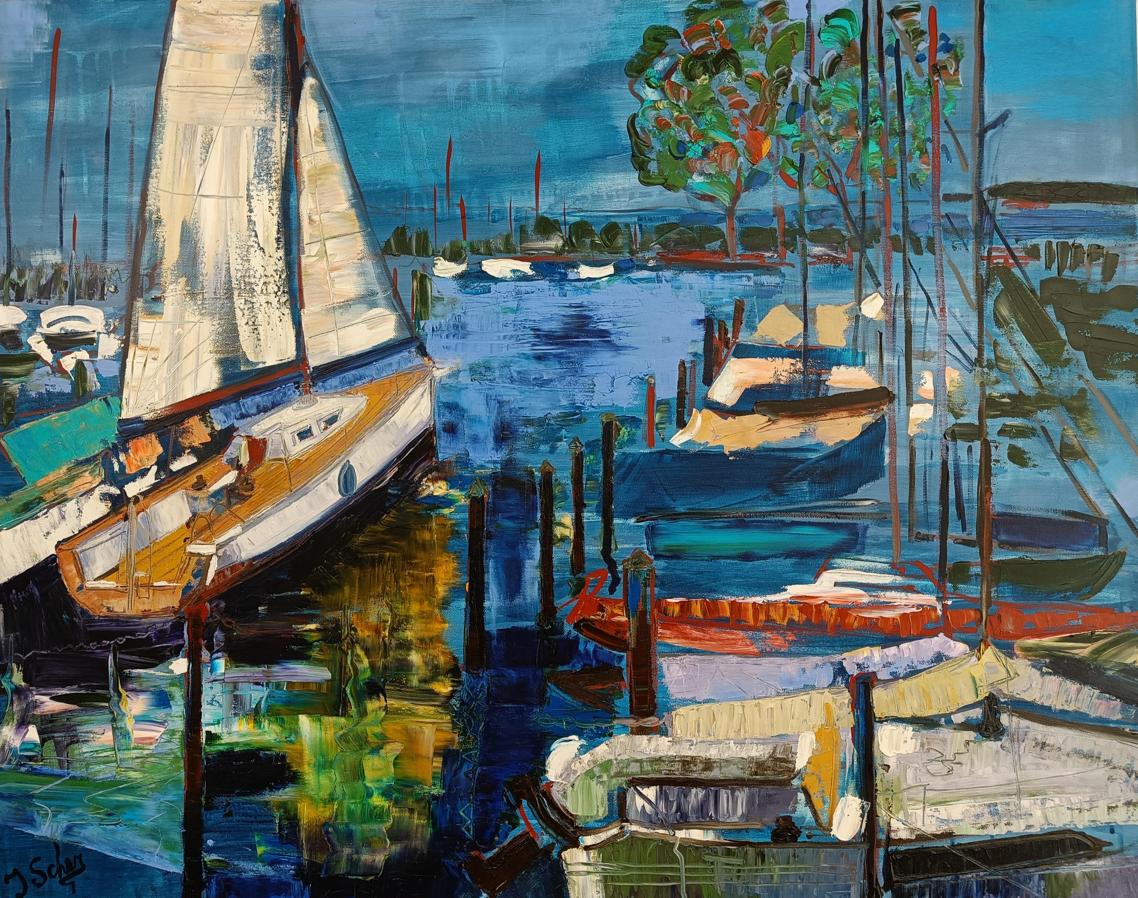 Landscape Painting di Scherer Jana - Yachtclub Bregenz 1. Pittura a olio, orizzontale, yacht, acqua, lago, riposo