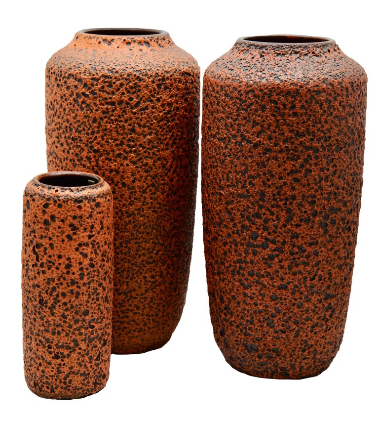 Scheurich Germany 3 Large Hot Orange Fat Lava Floor Vases 1973