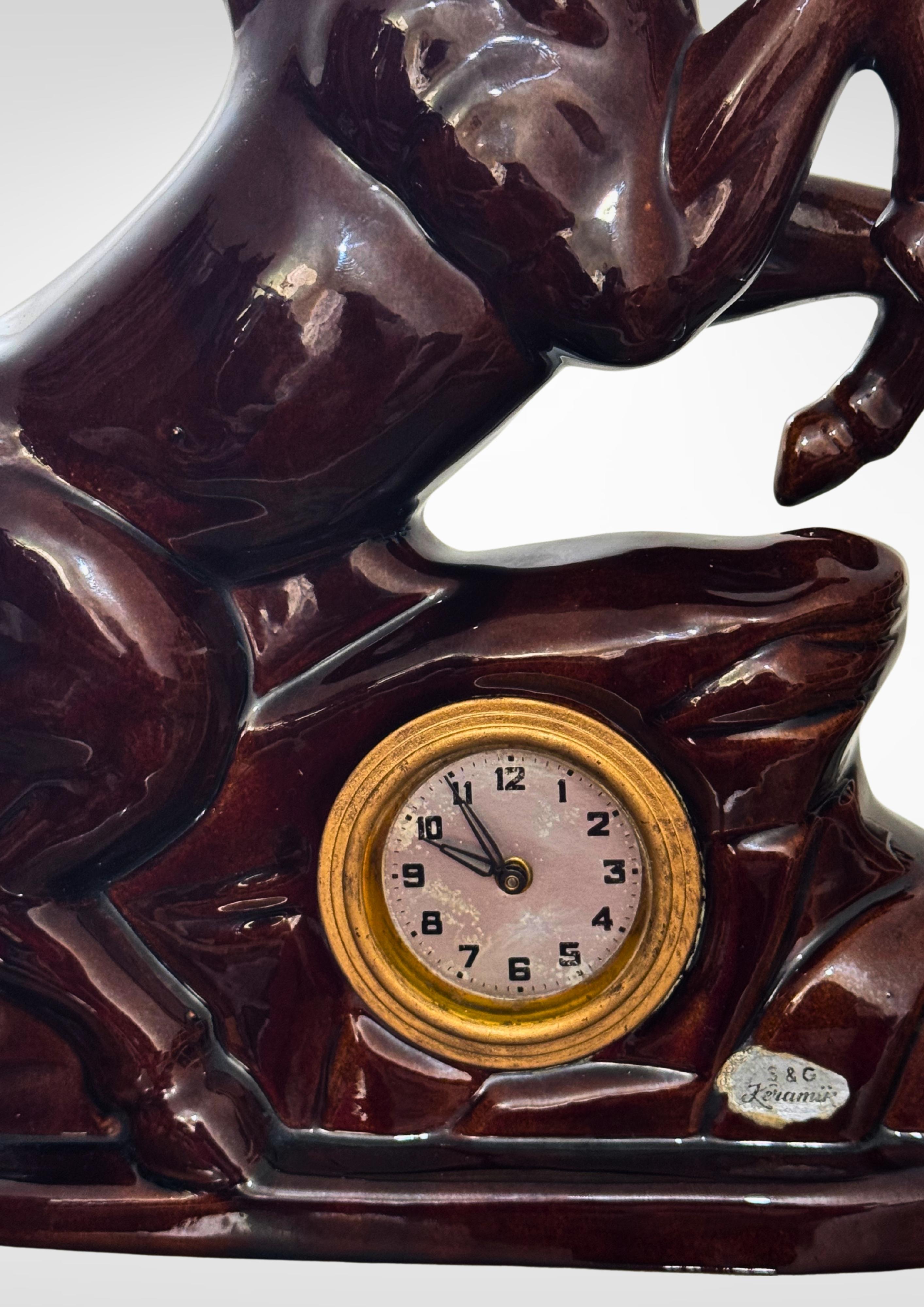 Delightful and rare Scheurich & Greulich Keramik horse figurine desk clock labeled S&G Keramik Germany.
Both 'Ks' on the silver foil Keramik label has red rings indicating this is a rare early Scheurich & Greulich Keramik circa late 1940s-mid