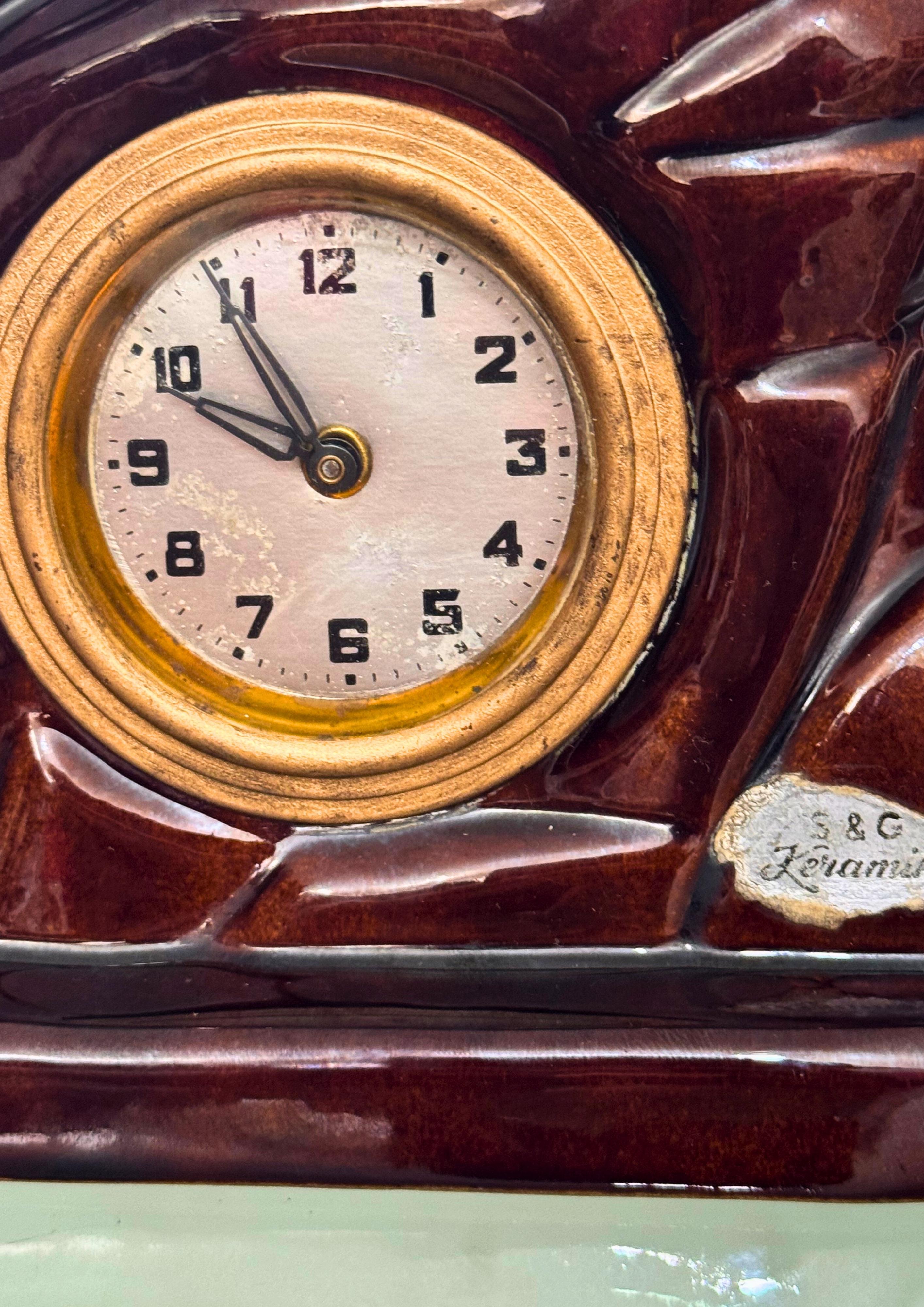 Baroque Revival Scheurich & Greulich Ceramic Horse Figurine Desk Clock Labeled S&G Keramik For Sale