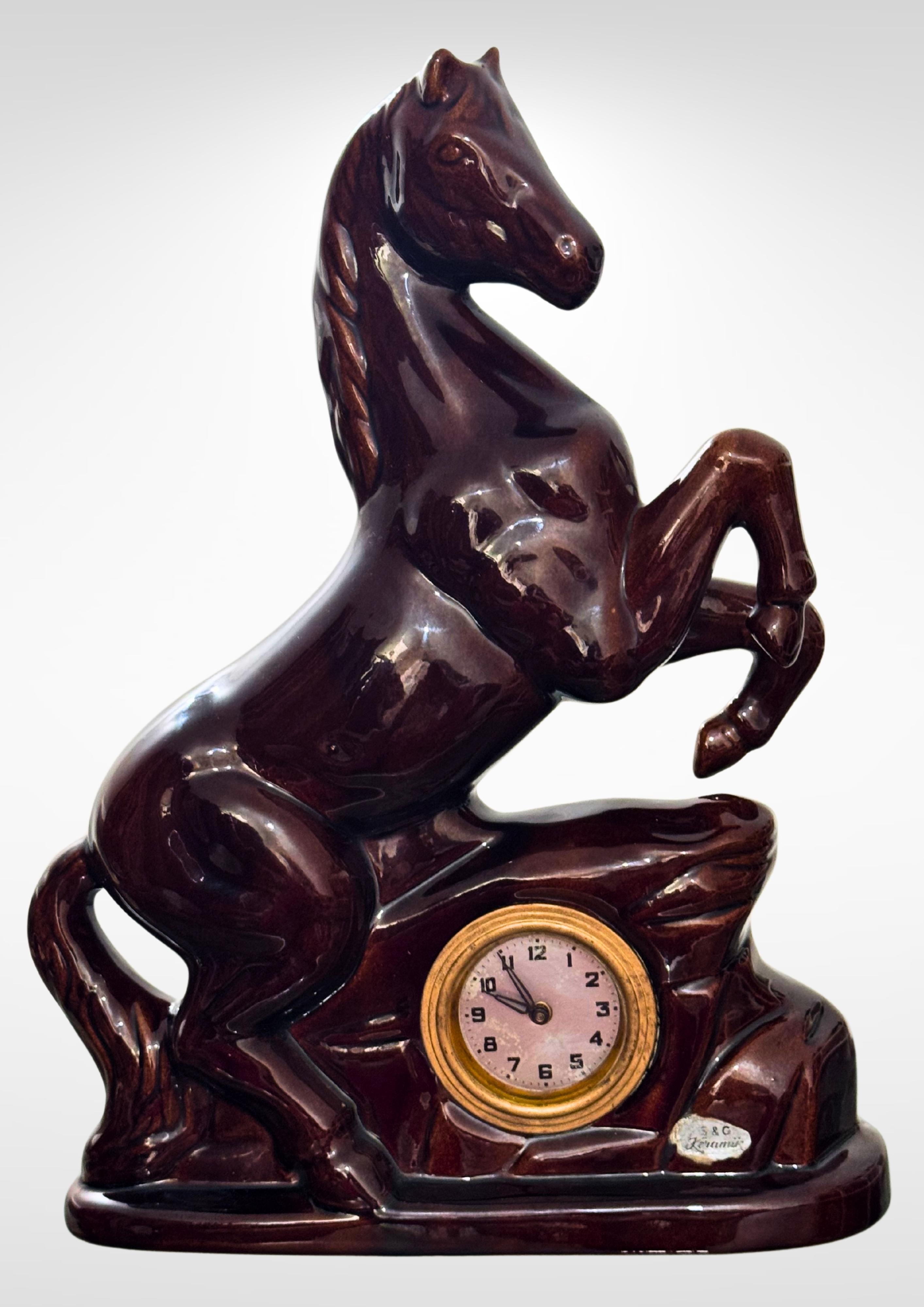 German Scheurich & Greulich Ceramic Horse Figurine Desk Clock Labeled S&G Keramik For Sale