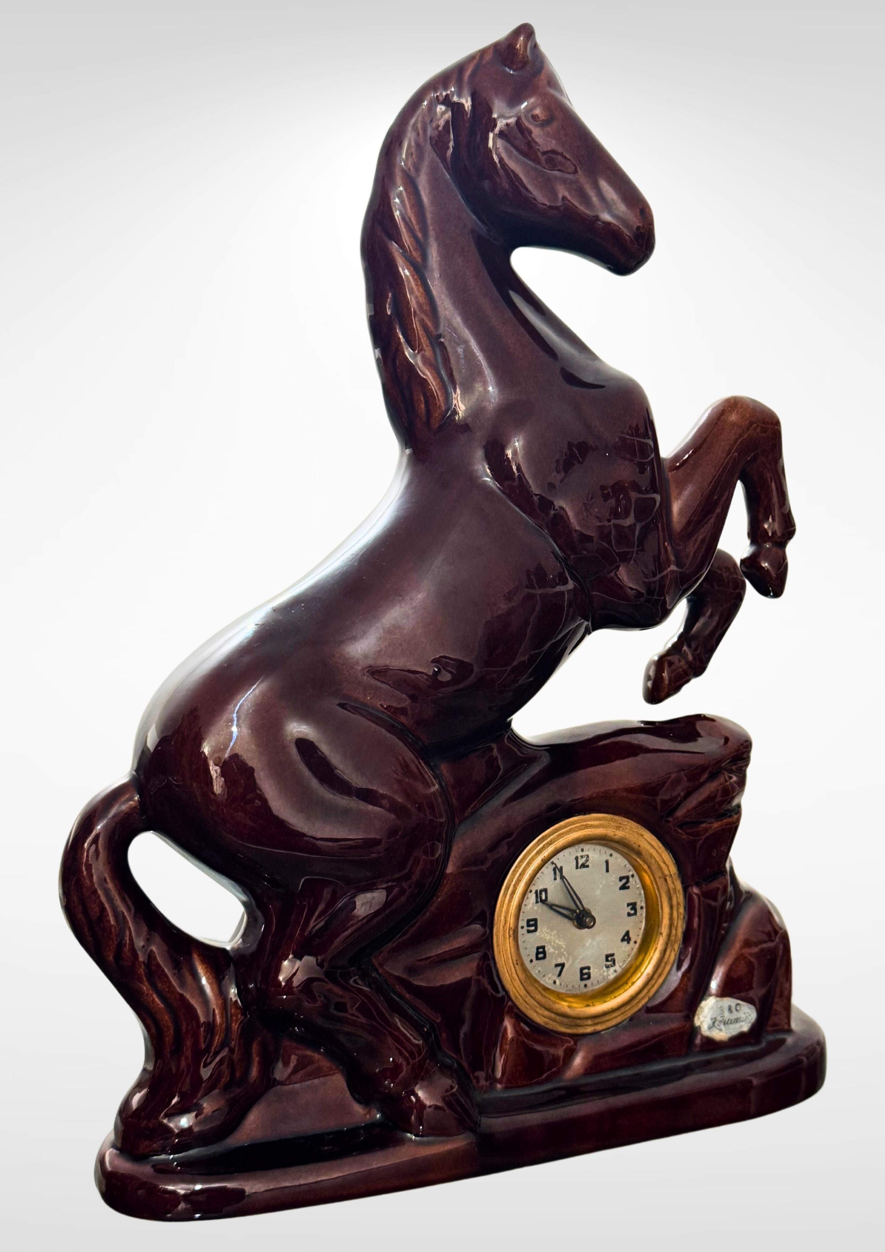Scheurich & Greulich Ceramic Horse Figurine Desk Clock Labeled S&G Keramik For Sale 1