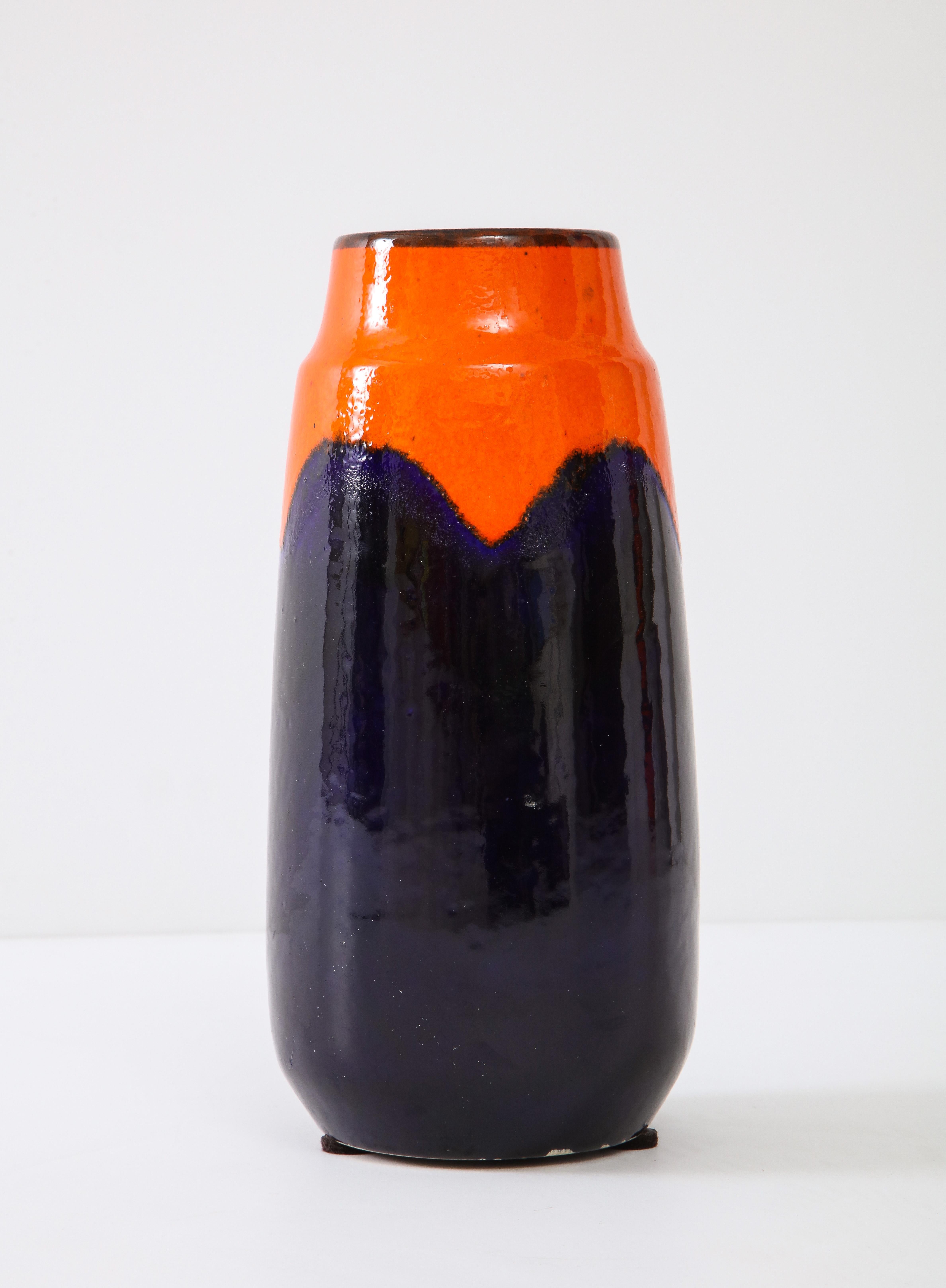 Scheurich blue and orange ceramic glazed vase, Germany, circa 1970.
   