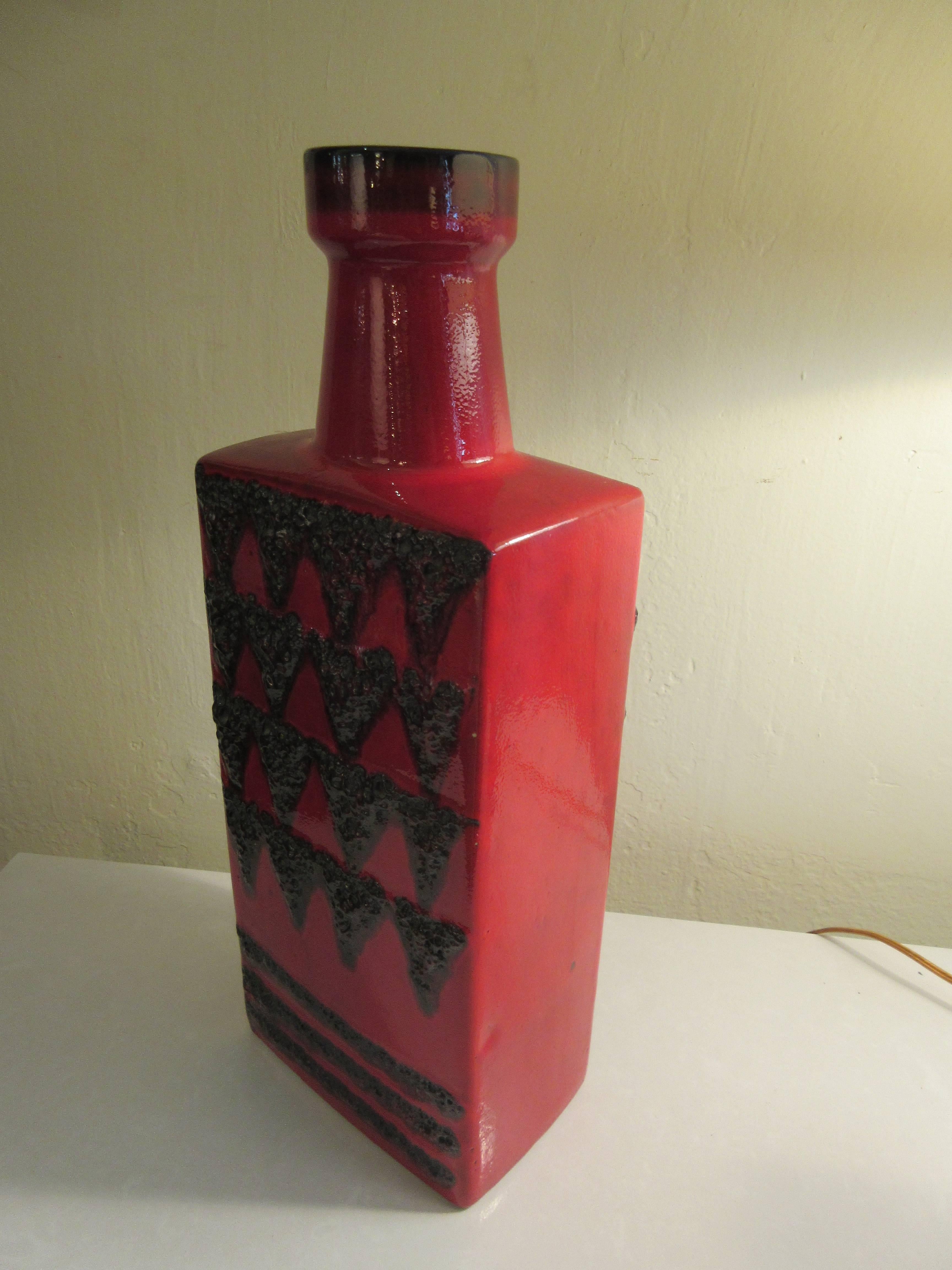 Monumental Scheurich Keramik Vase in brilliant red and black volcanic glaze.