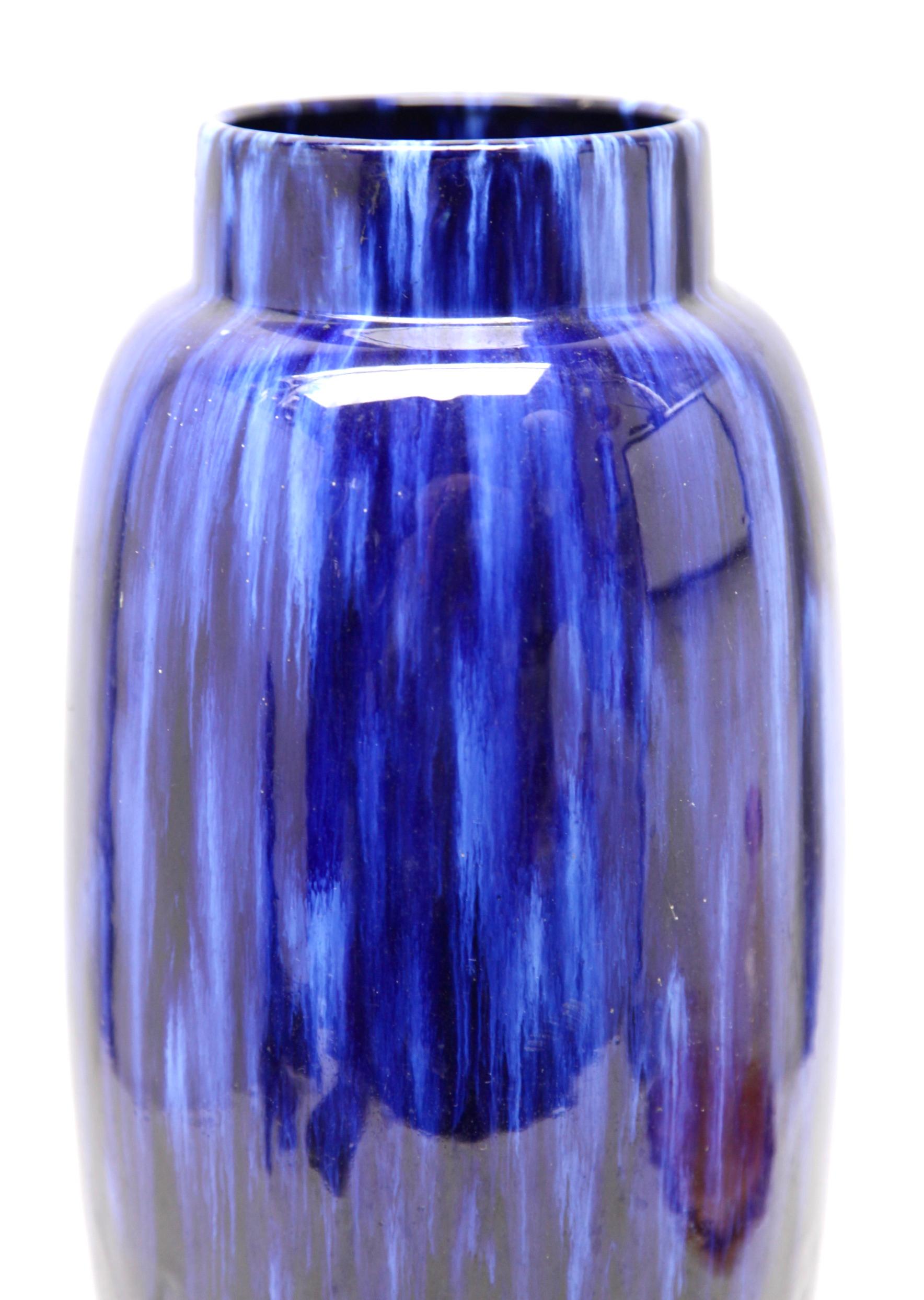 Glazed Scheurich Vintage Vase in Blue and Black Drip Glaze Germany, 1970s For Sale