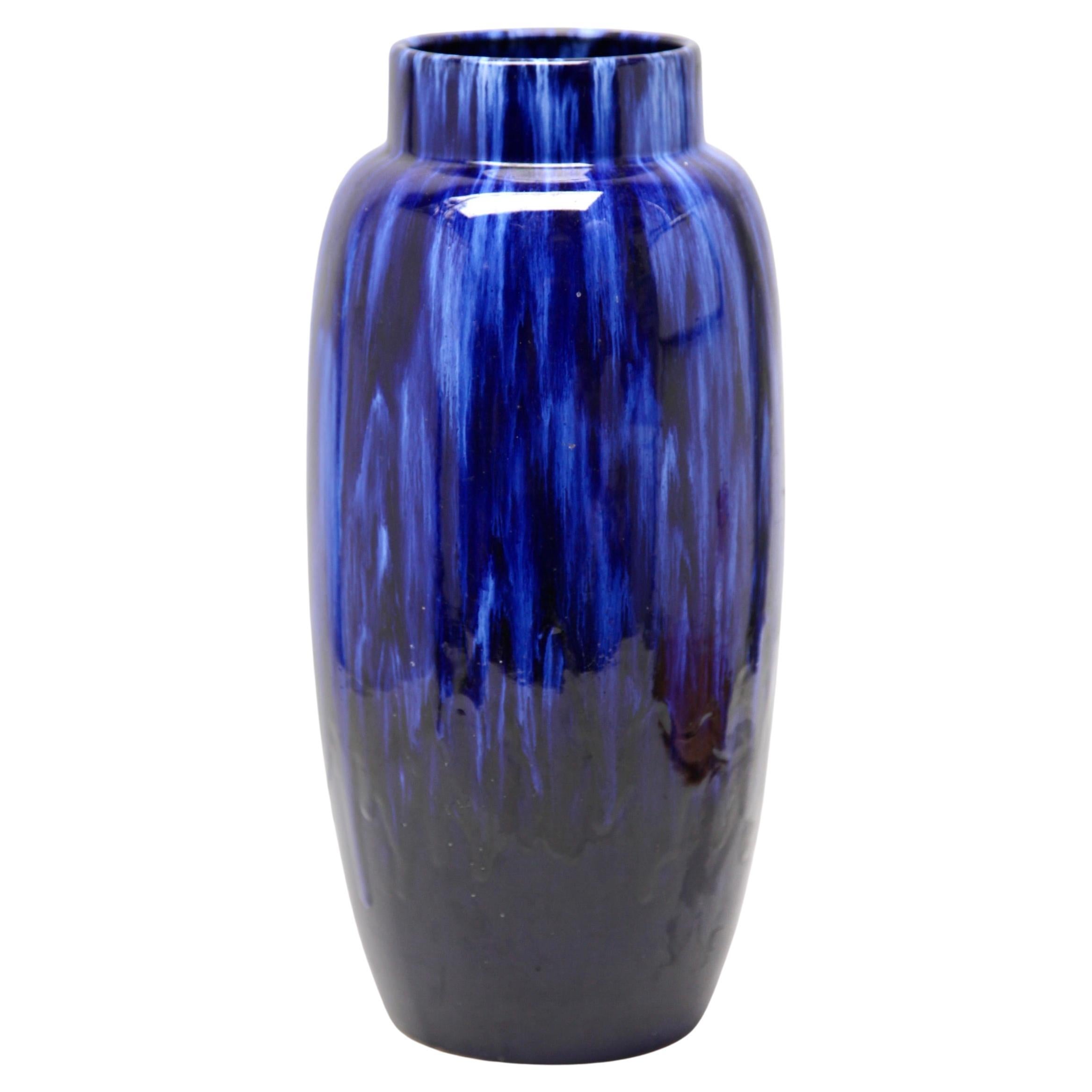 Scheurich Vintage Vase in Blue and Black Drip Glaze Germany, 1970s For Sale