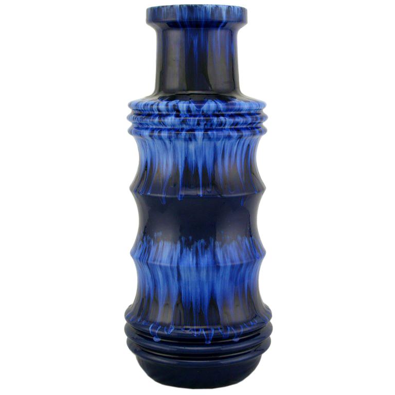 Scheurich West German Blue Drip Glaze Pottery Vase For Sale