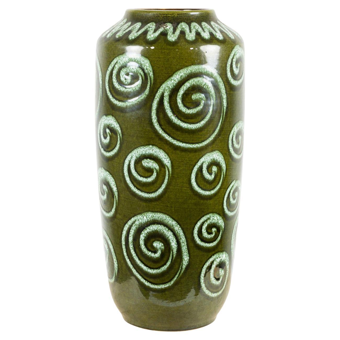 Mid-Century Scheurich Ceramic Vase, Green Spiral Pattern, West Germany For Sale