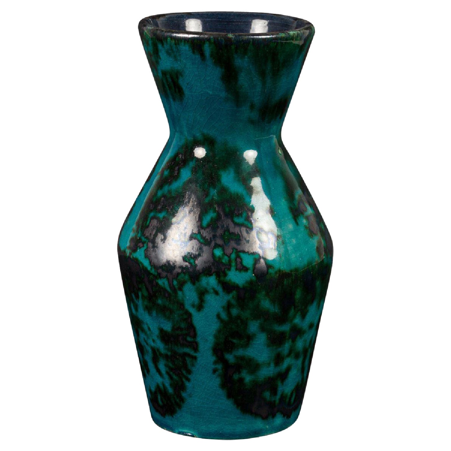 Scheurich West German Hourglass Form Green and Black Marbled Glazed Ceramic Vase
