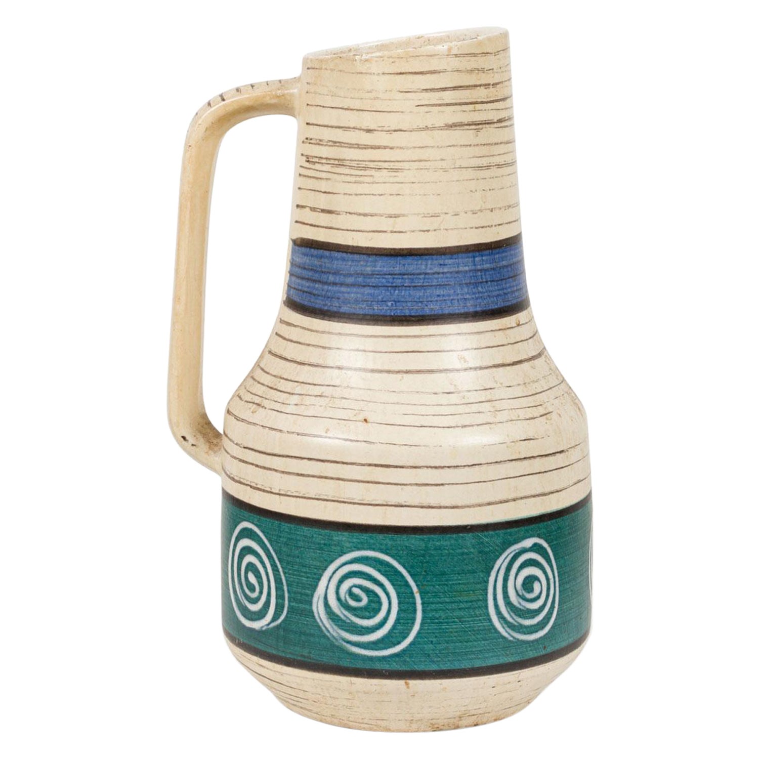 Scheurich West German Mid-Century Blue, Green Banded Design Ceramic Pitcher
