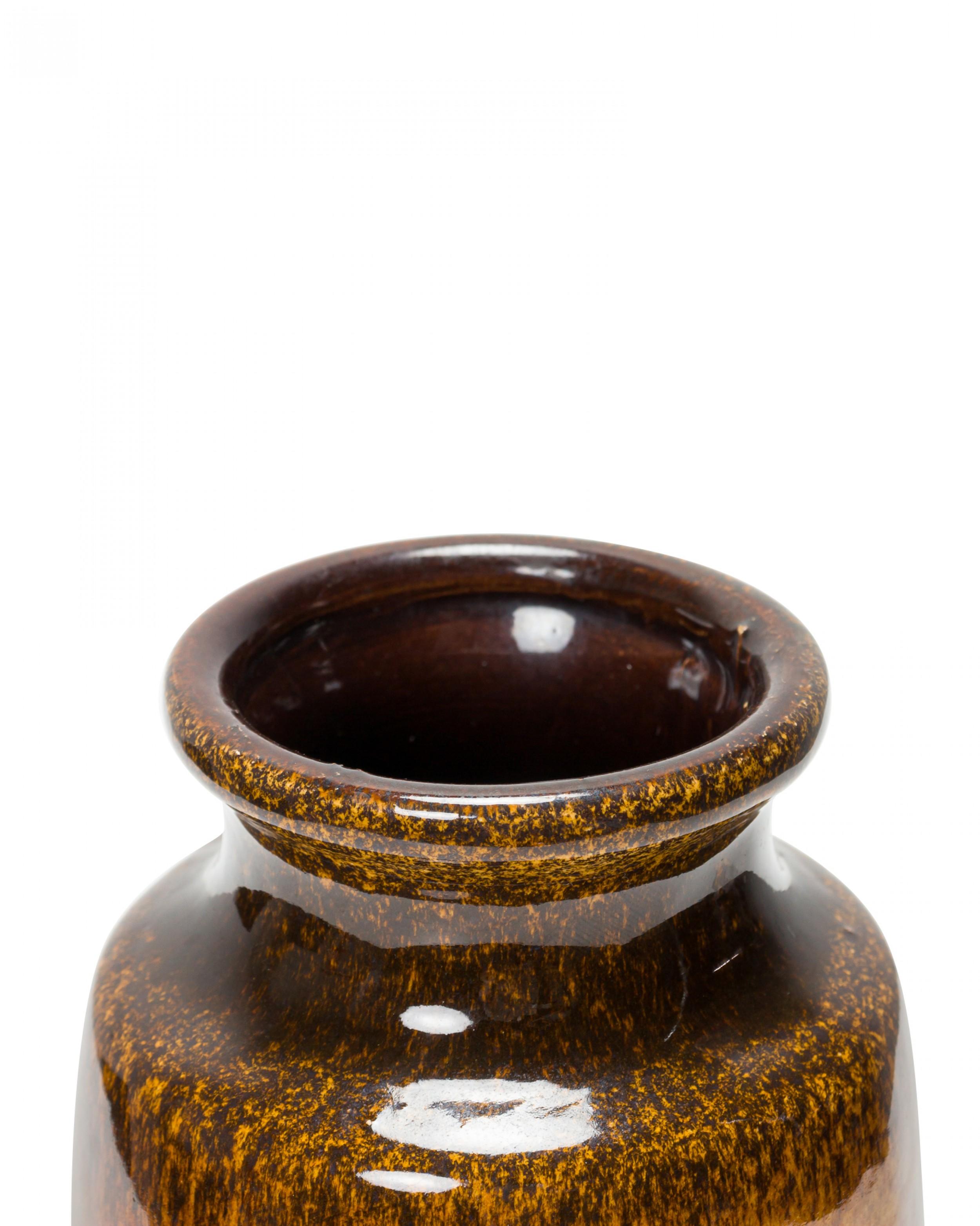 West German mid-century urn-form ceramic vase with a decorative red band around the body against a deep brown glazed ground. (SCHEURICH, mark on bottom, W. Germany 213-20).