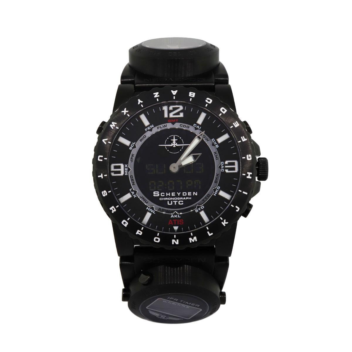 Brand: Scheyden
Model: True Aviator
Case Material: Stainless Steel with black PVD coating
Case Diameter: 47mm
Crystal: Sapphire crystal
Bezel: Aide Memoire Bi-Directional ATIS Bezel
Dial: Black dial with global airport identifiers/time