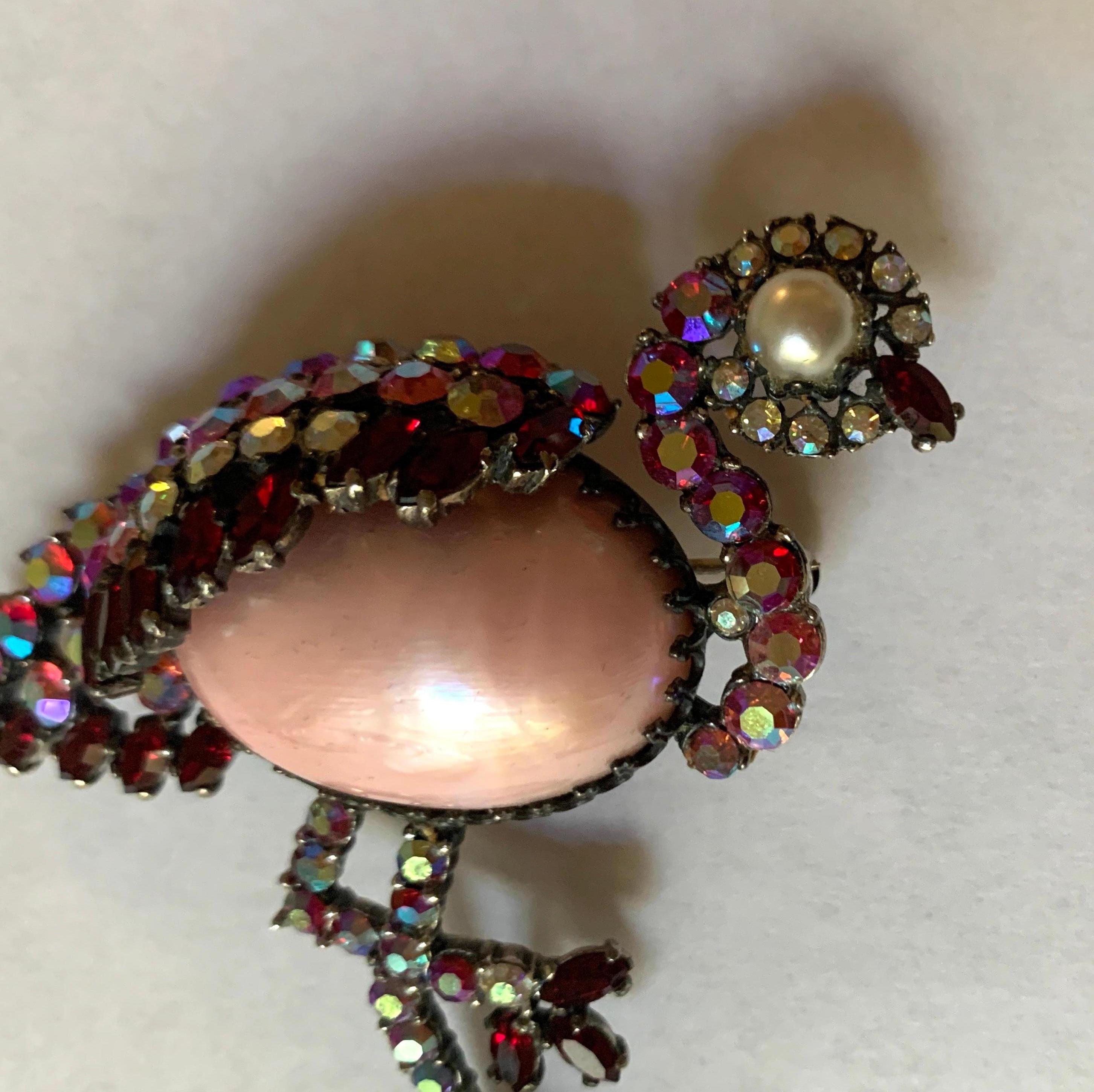 Schiaparell Pink Rhinestone Flamingo Pin Brooch Costume Jewelry In Excellent Condition In San Francisco, CA