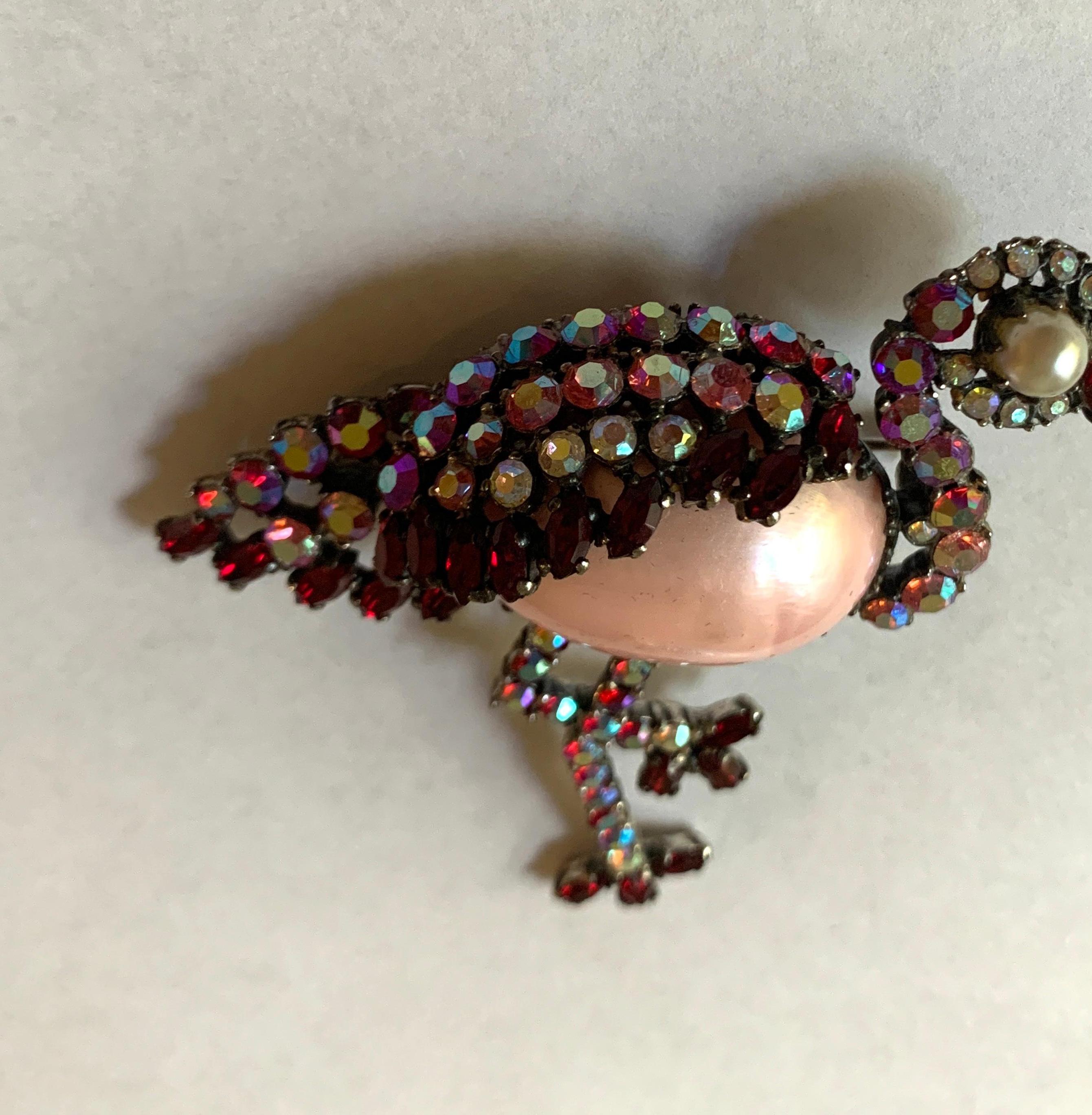 Women's or Men's Schiaparell Pink Rhinestone Flamingo Pin Brooch Costume Jewelry